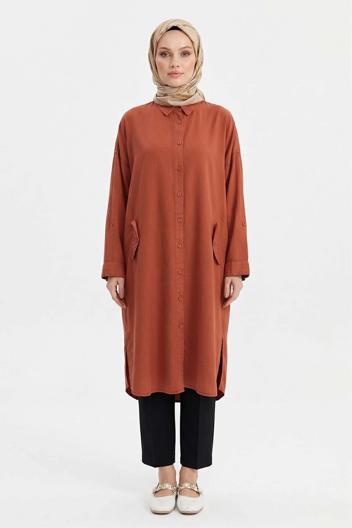 Lyocell Gömlek Uzun Tunik 7509 Kiremit