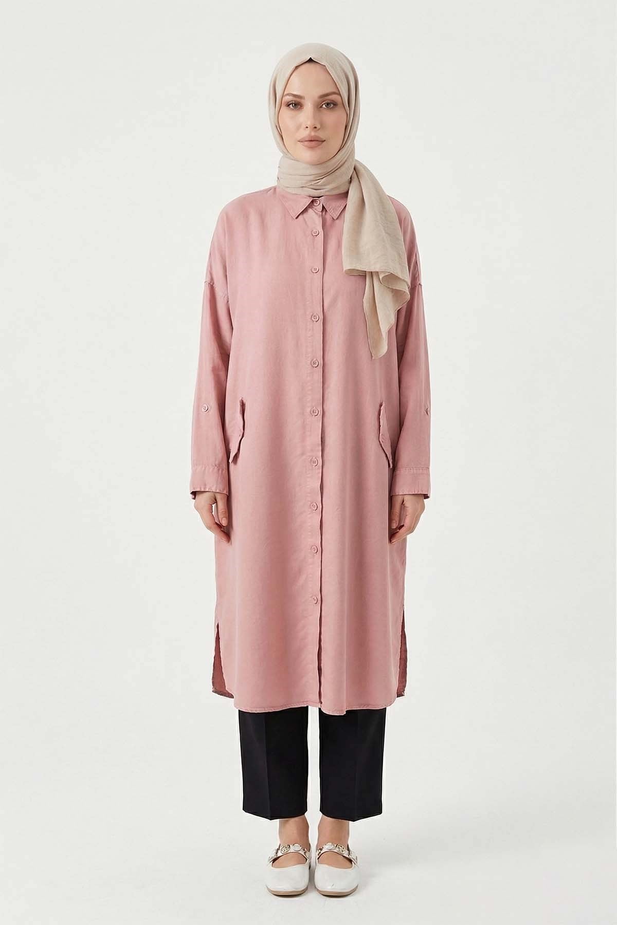 Lyocell Gömlek Uzun Tunik 7509 Pembe