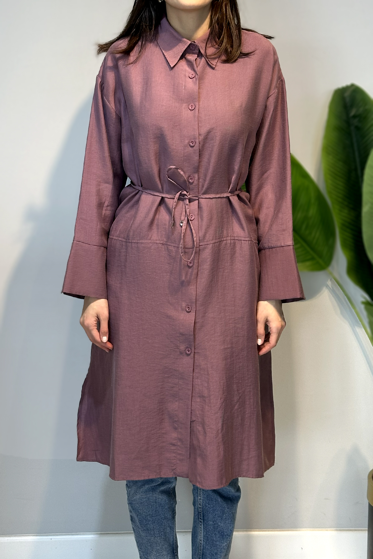 Lyocell Oversize Uzun Gömlek Tunik 7488 Mürdüm