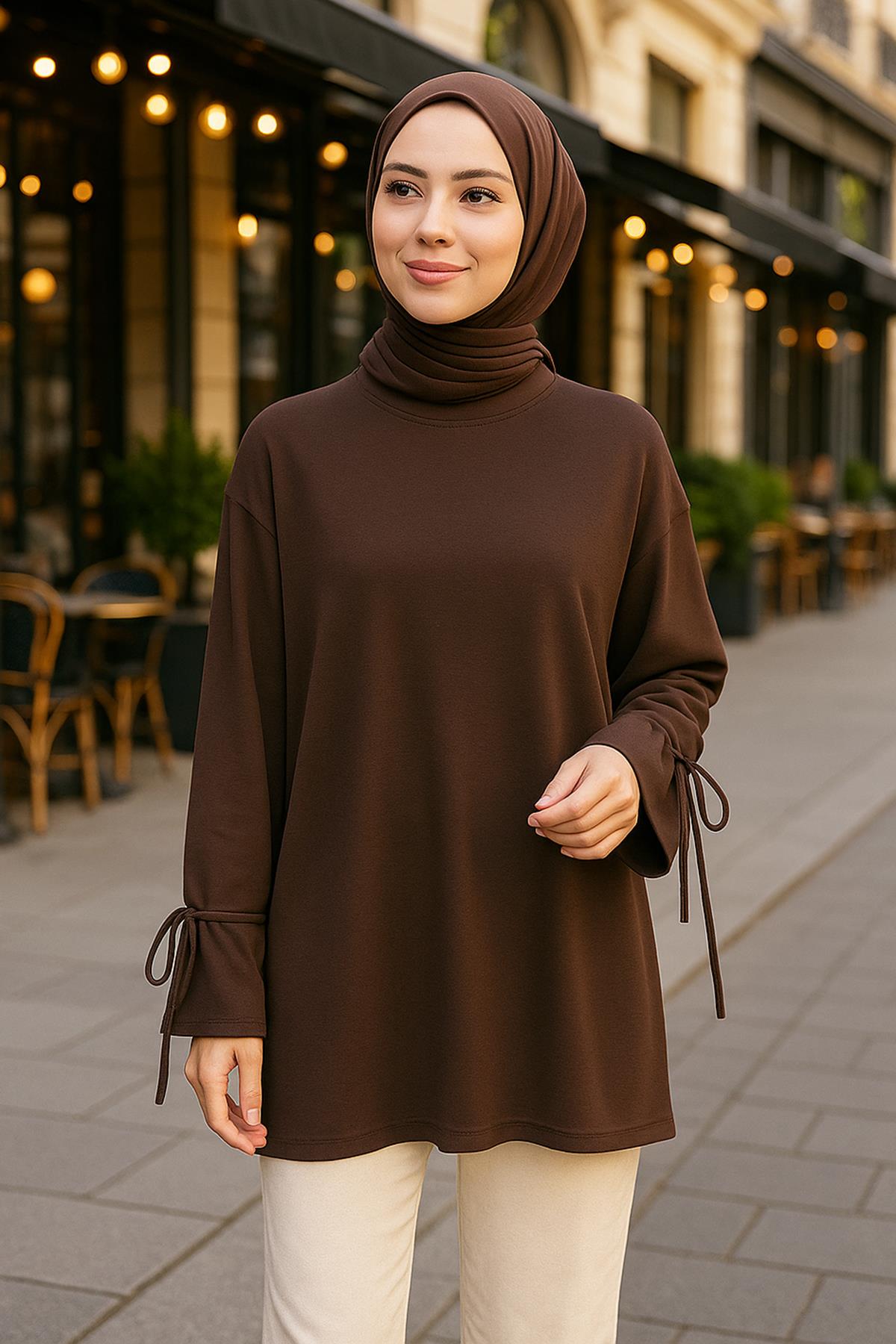 Manşeti ve Beli Bağcık Detay Sweat Tunik 3066 Kahve