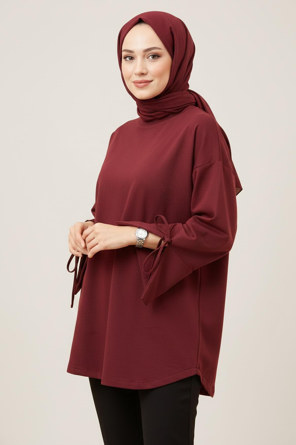 Manşeti ve Beli Bağcık Detay Sweat Tunik 3066 Bordo