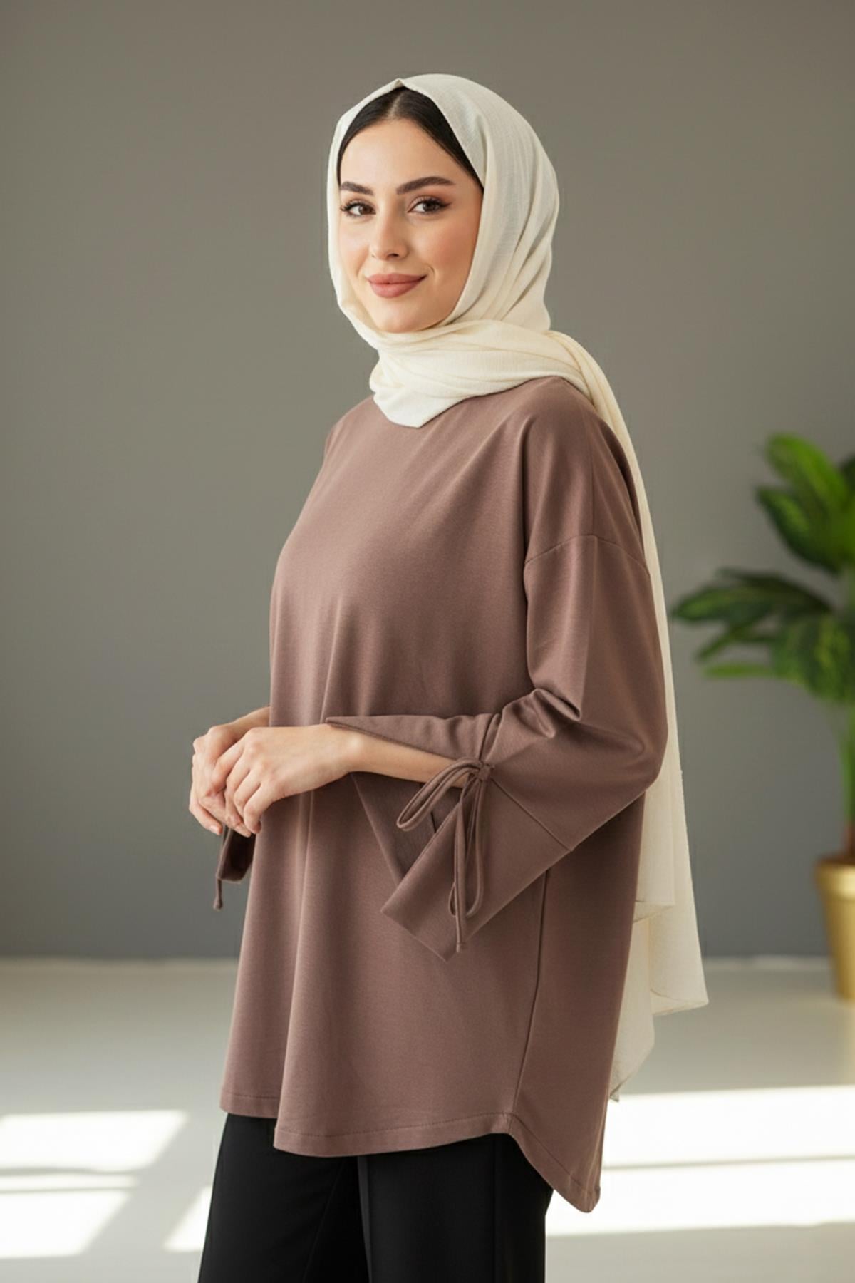 Manşeti ve Beli Bağcık Detay Sweat Tunik 3066 Vizon