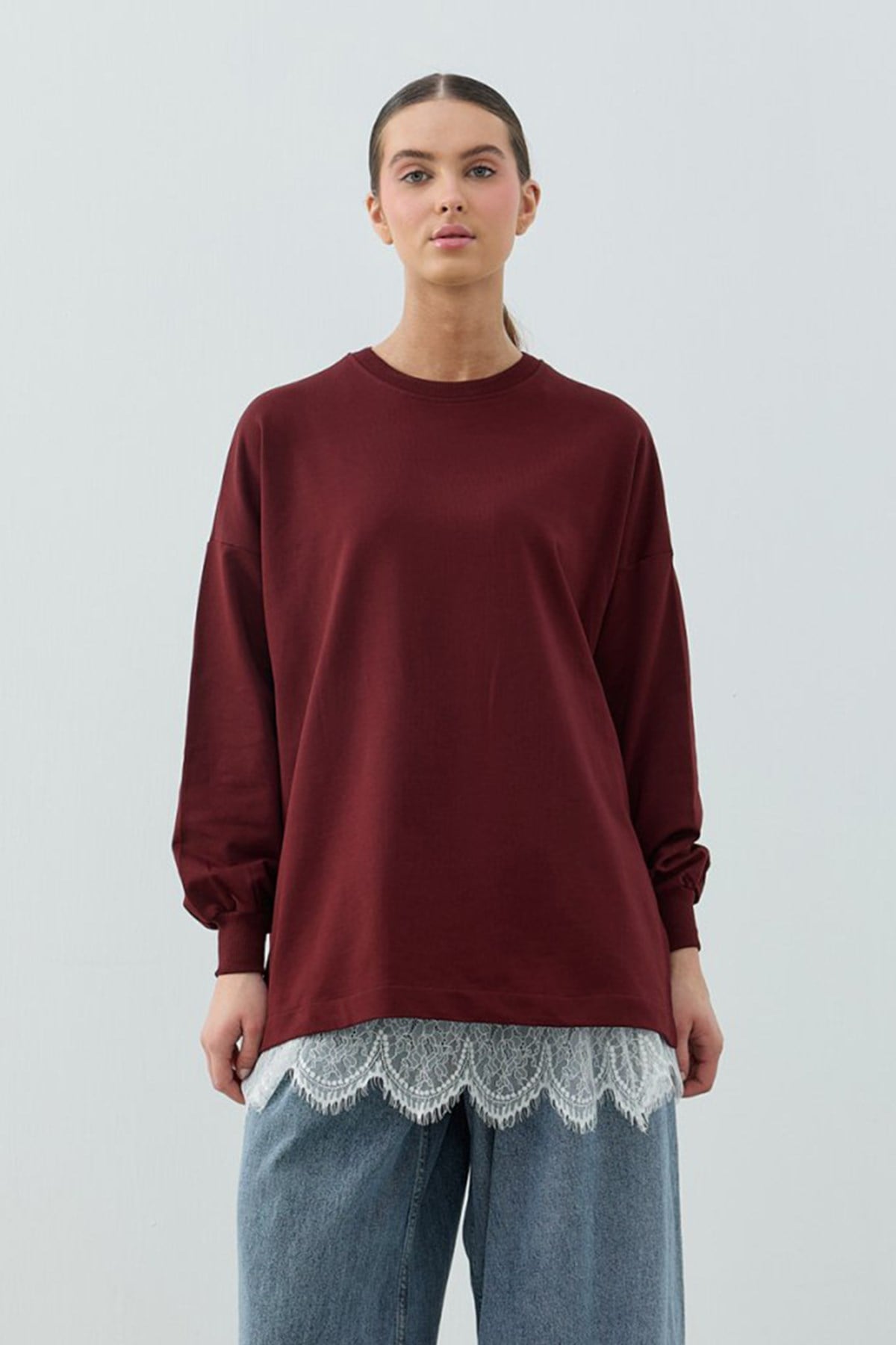 Merwish Dantel Detay Etek İçlikli Loly Sweat 1793 Bordo
