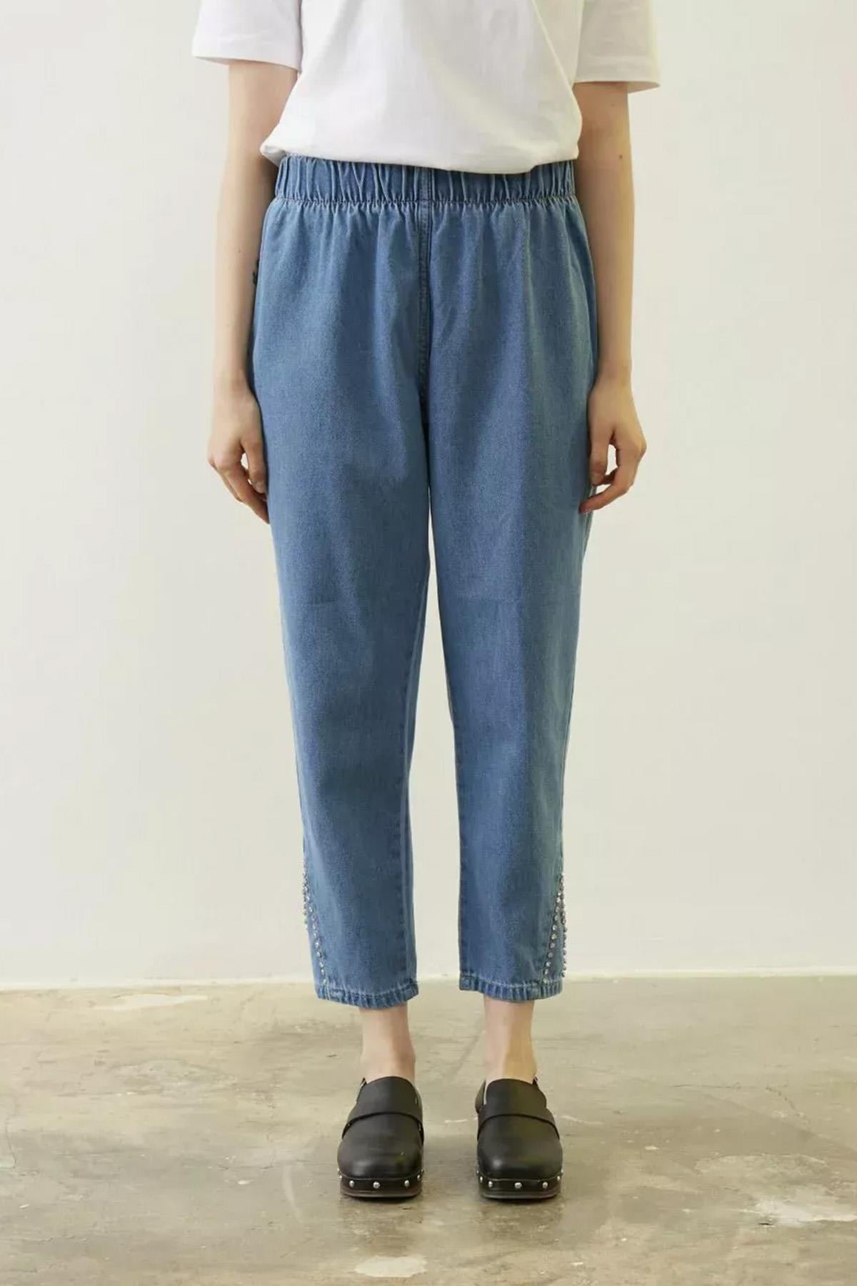 Merwish Paça Üçgen Taşlı Denim Pantolon 885 Mavi
