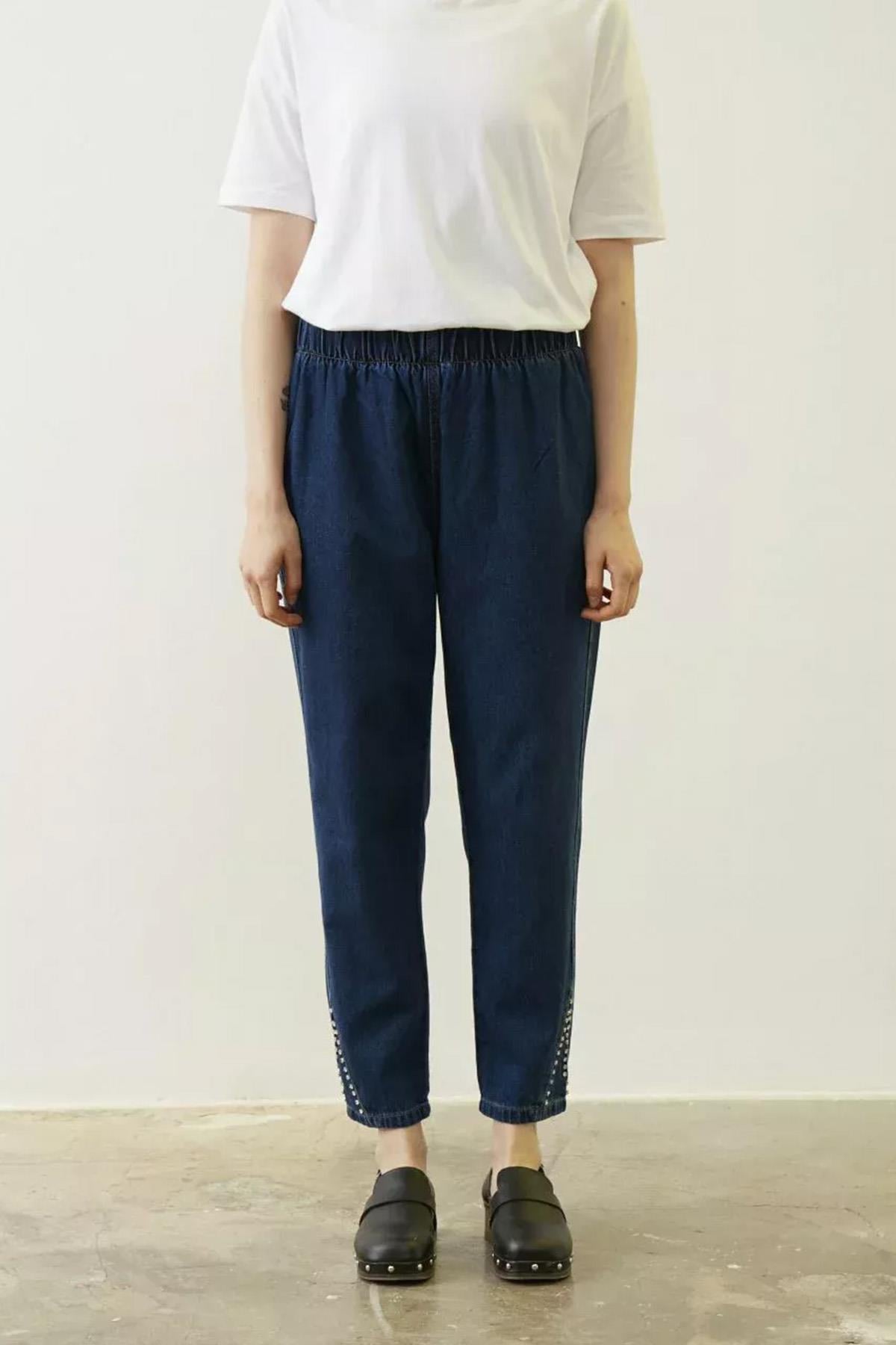 Merwish Paça Üçgen Taşlı Denim Pantolon 885 Lacivert