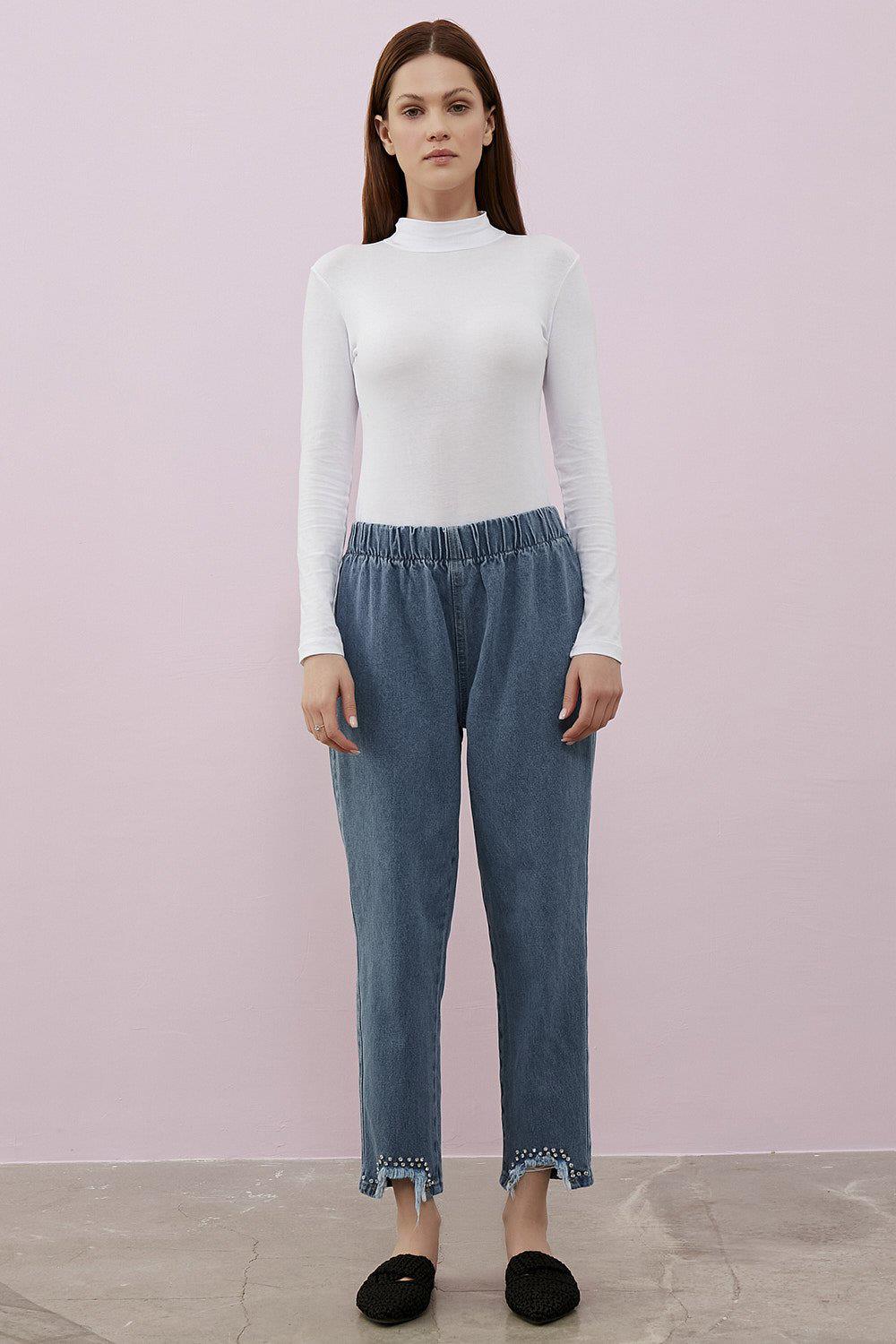 Merwishop Kesik Taş Detay Denim Pantalon K.Mavi