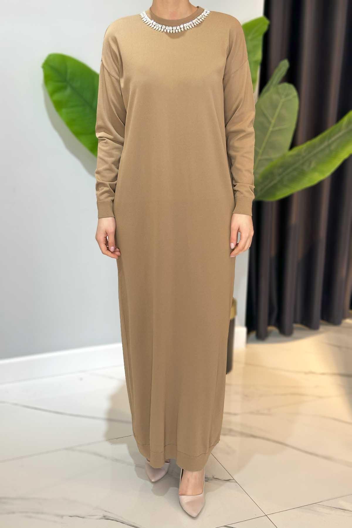 Missemramiss Amore Taş İşlemeli Triko Elbise 4712 Camel