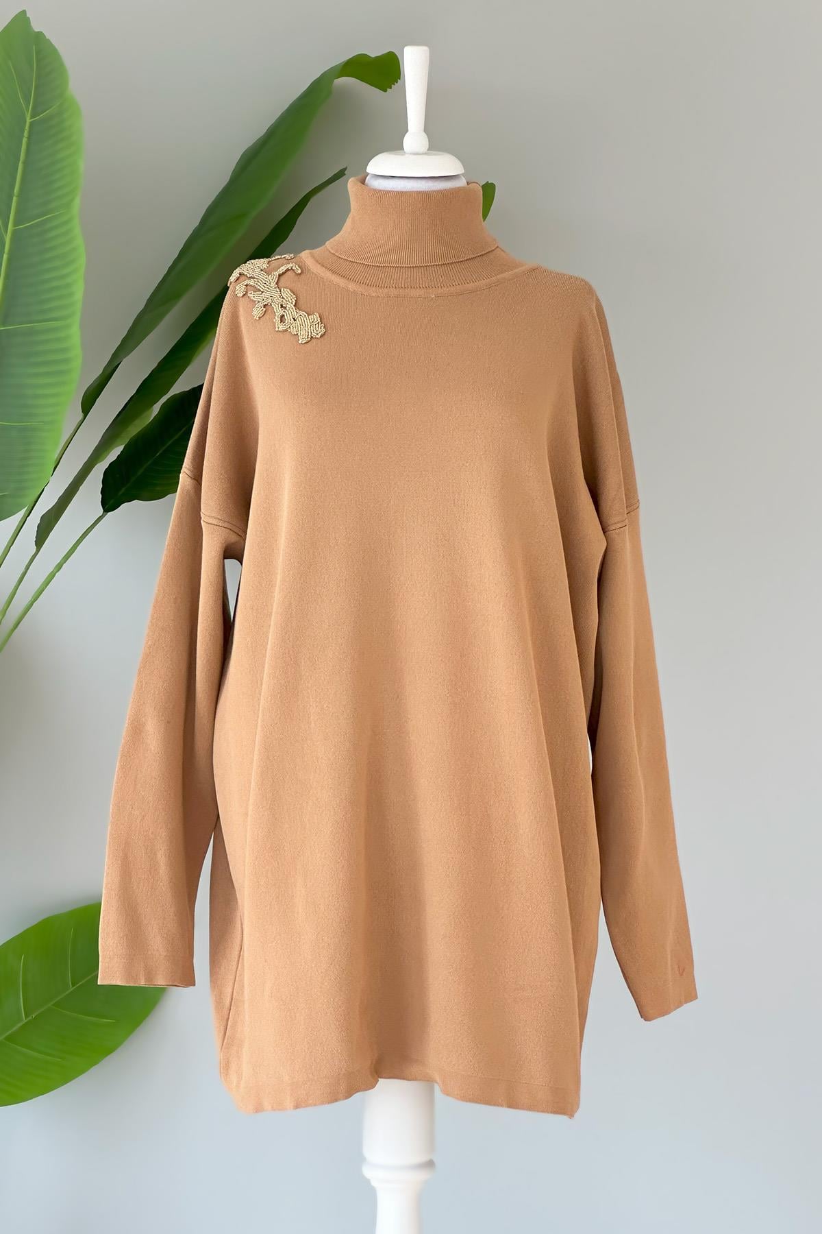 Missemramiss Boğazlı Pamuk Triko Kazak 4228 Camel