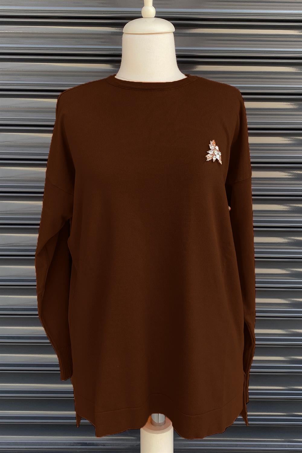 Missemramiss İşlemeli Triko Bluz 3749 Kahverengi