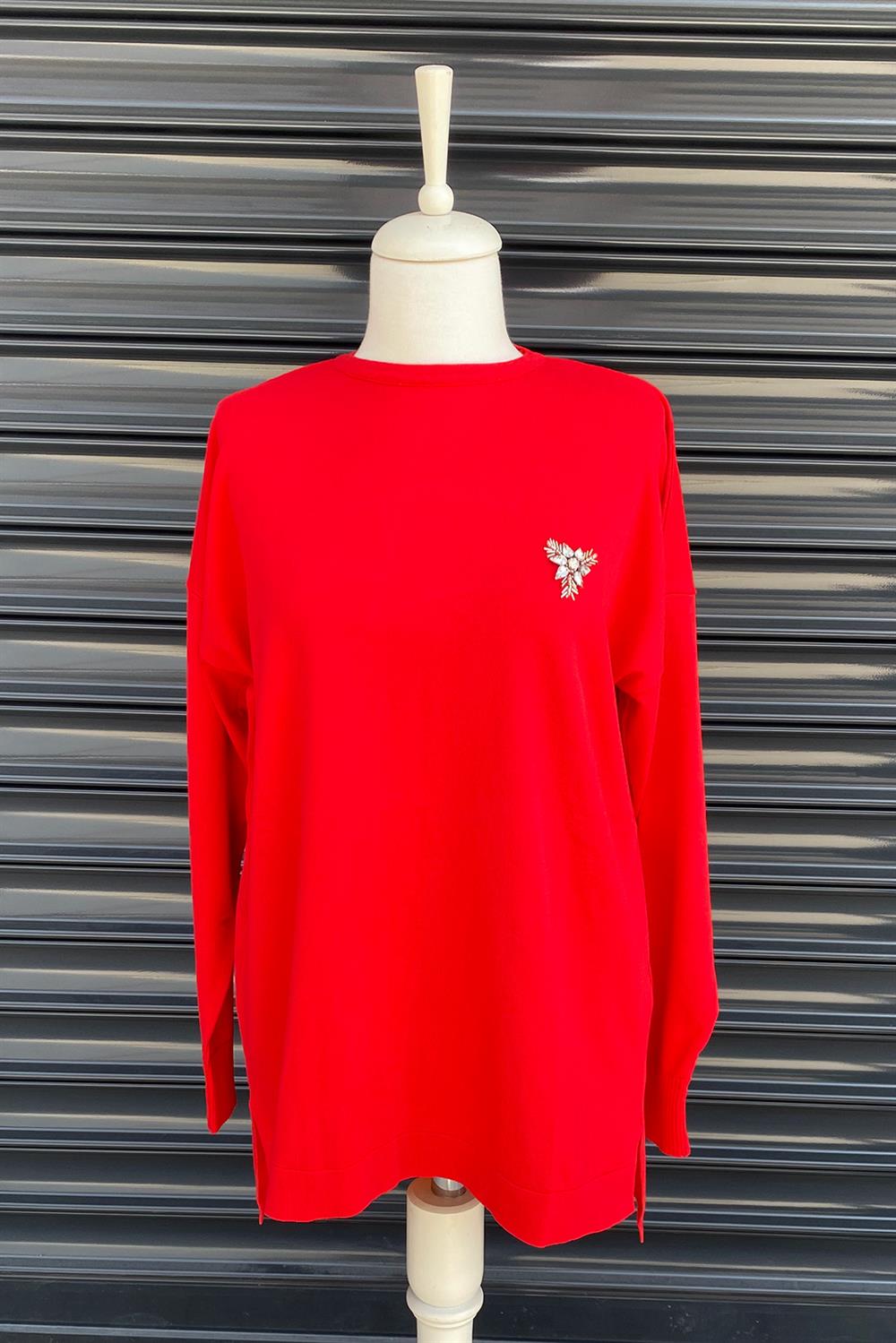 Missemramiss İşlemeli Triko Bluz 3749 Kırmızı