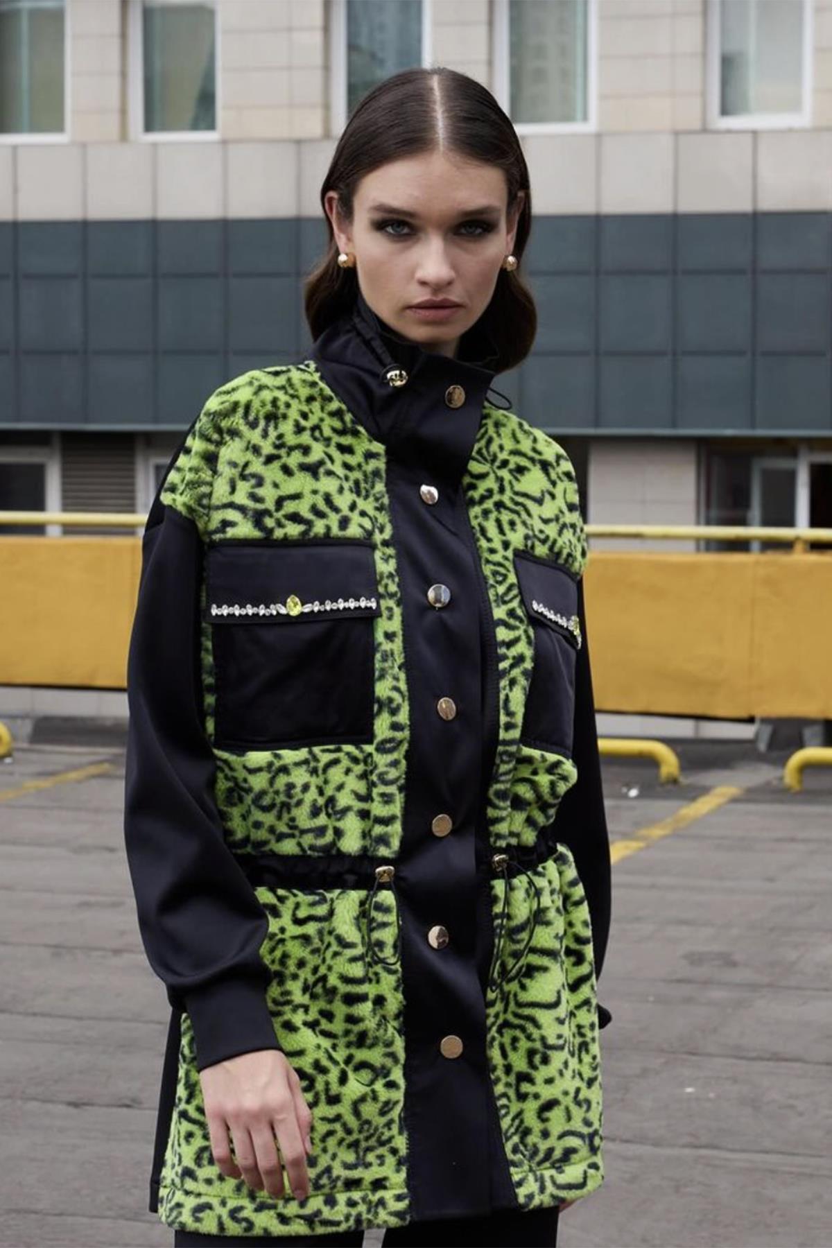 Missemramiss Kürklü Leopar Ceket Kap 4663 Yeşil