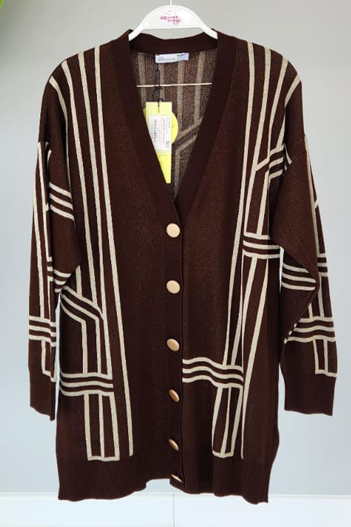 Missemramiss Modern Desen Simli Triko Hırka 4089 Kahverengi