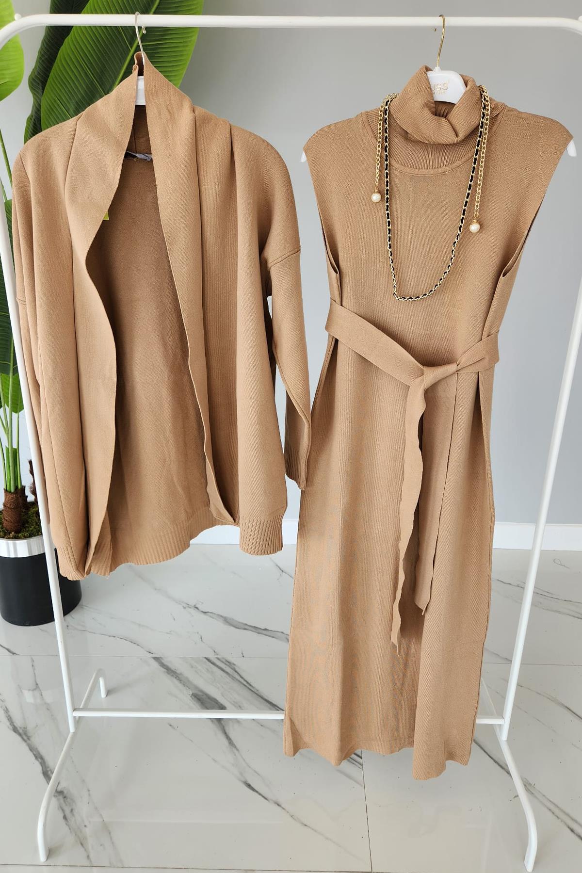 Missemramiss Pamuklu Triko Elbise Hırka Takım 4197 Camel