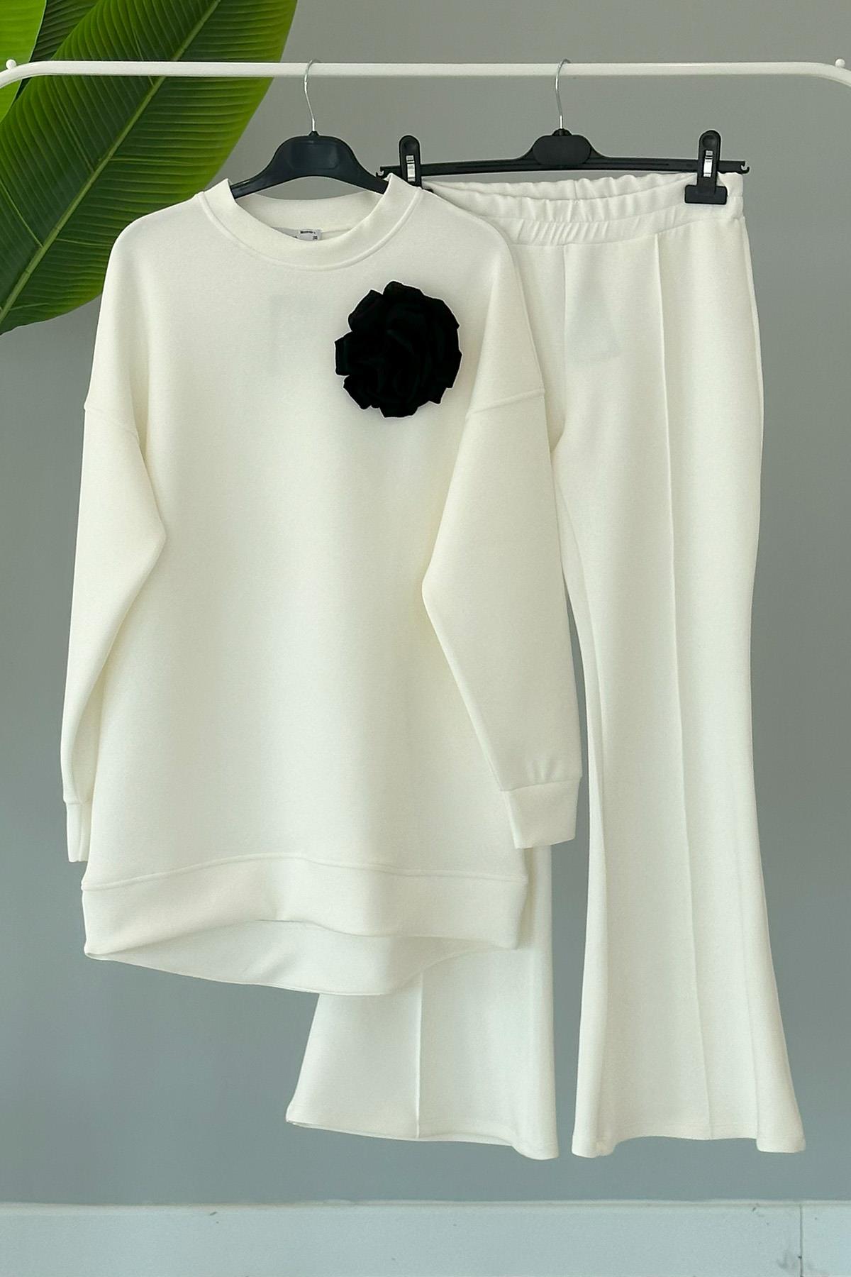 Missemramiss Rose Broş Detaylı Pantolonlu Takım 4177 Ekru