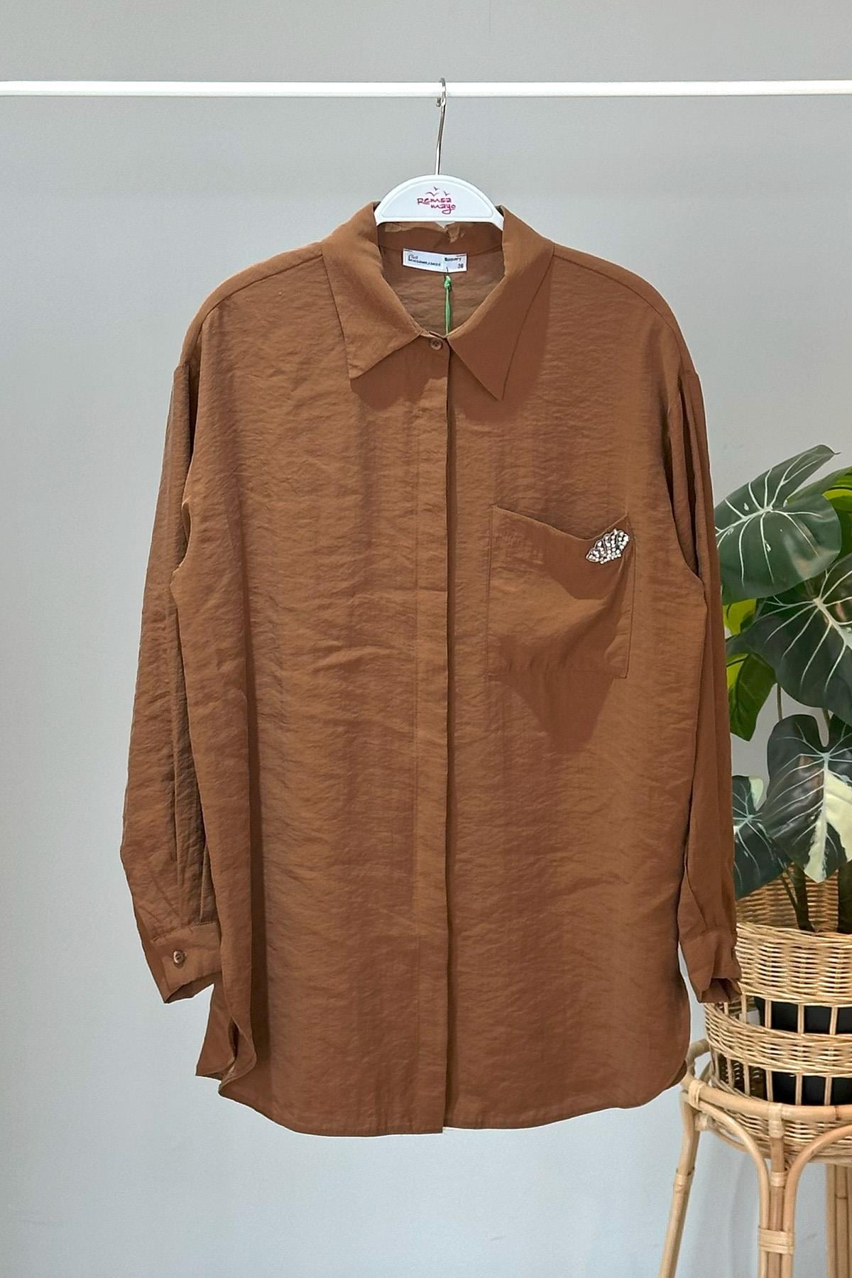 Missemramiss Sea Shell İşlemeli Gömlek Tunik 4360 Kahverengi