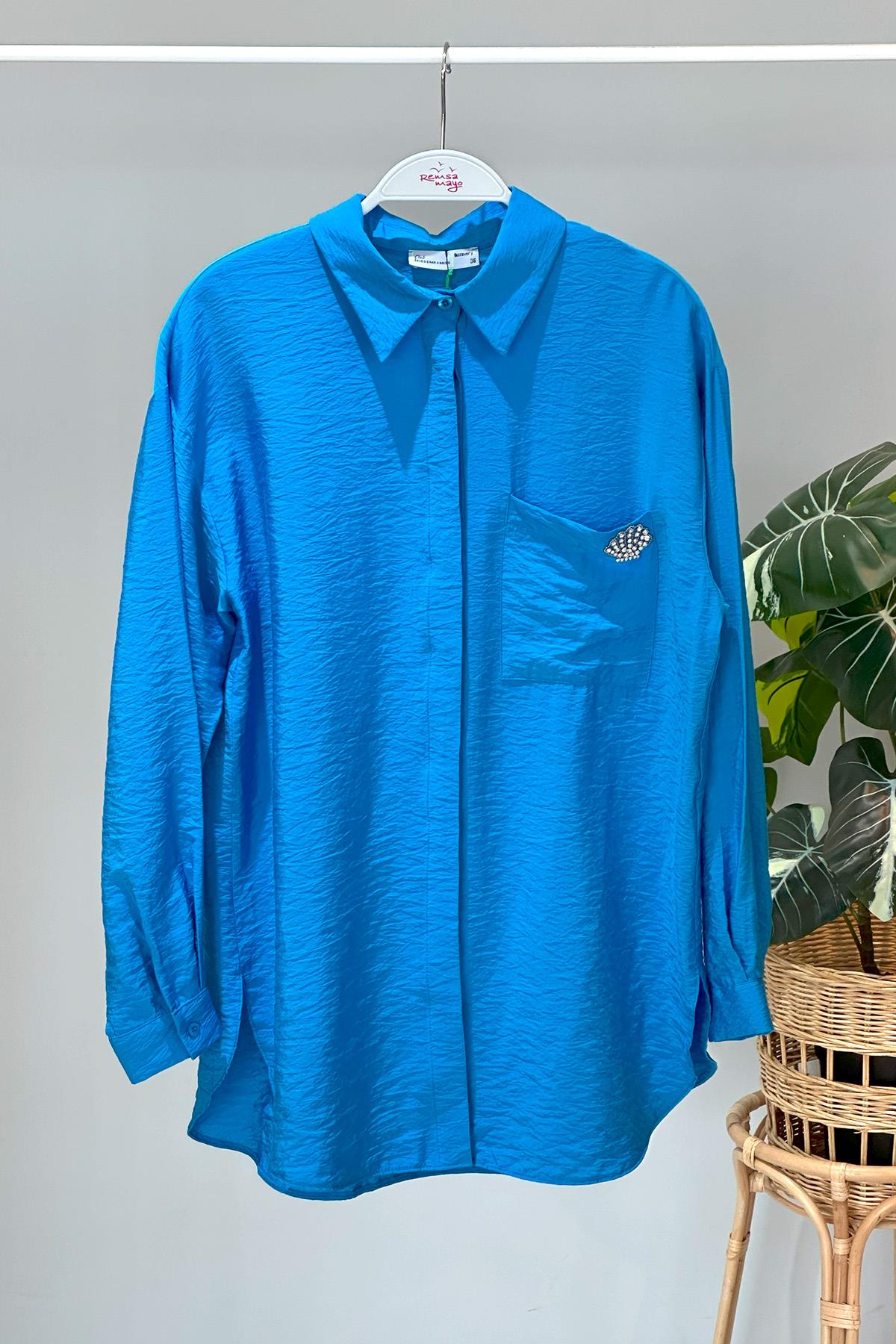 Missemramiss Sea Shell İşlemeli Gömlek Tunik 4360 Saks