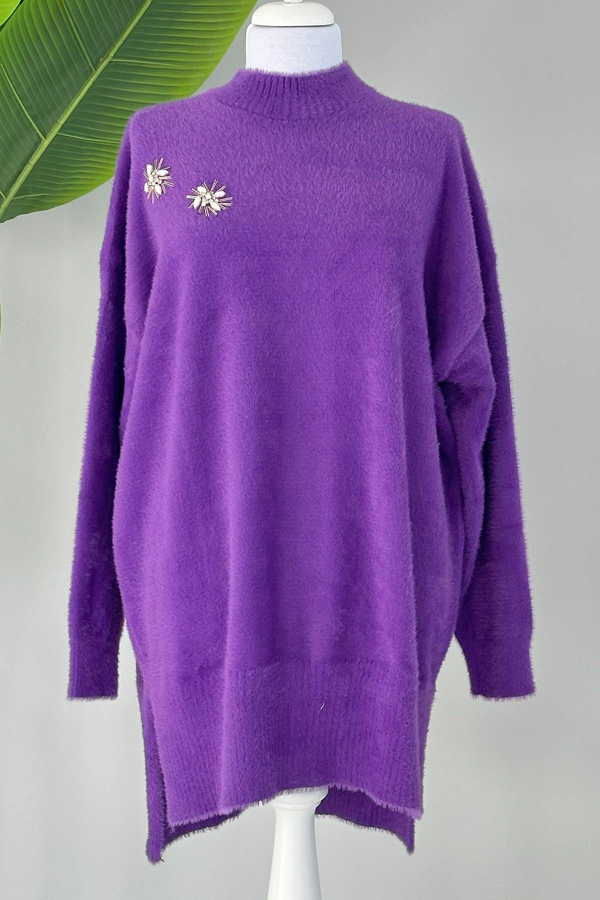 Missemramiss Taş İşlemeli Angora Kazak 4224 Mor