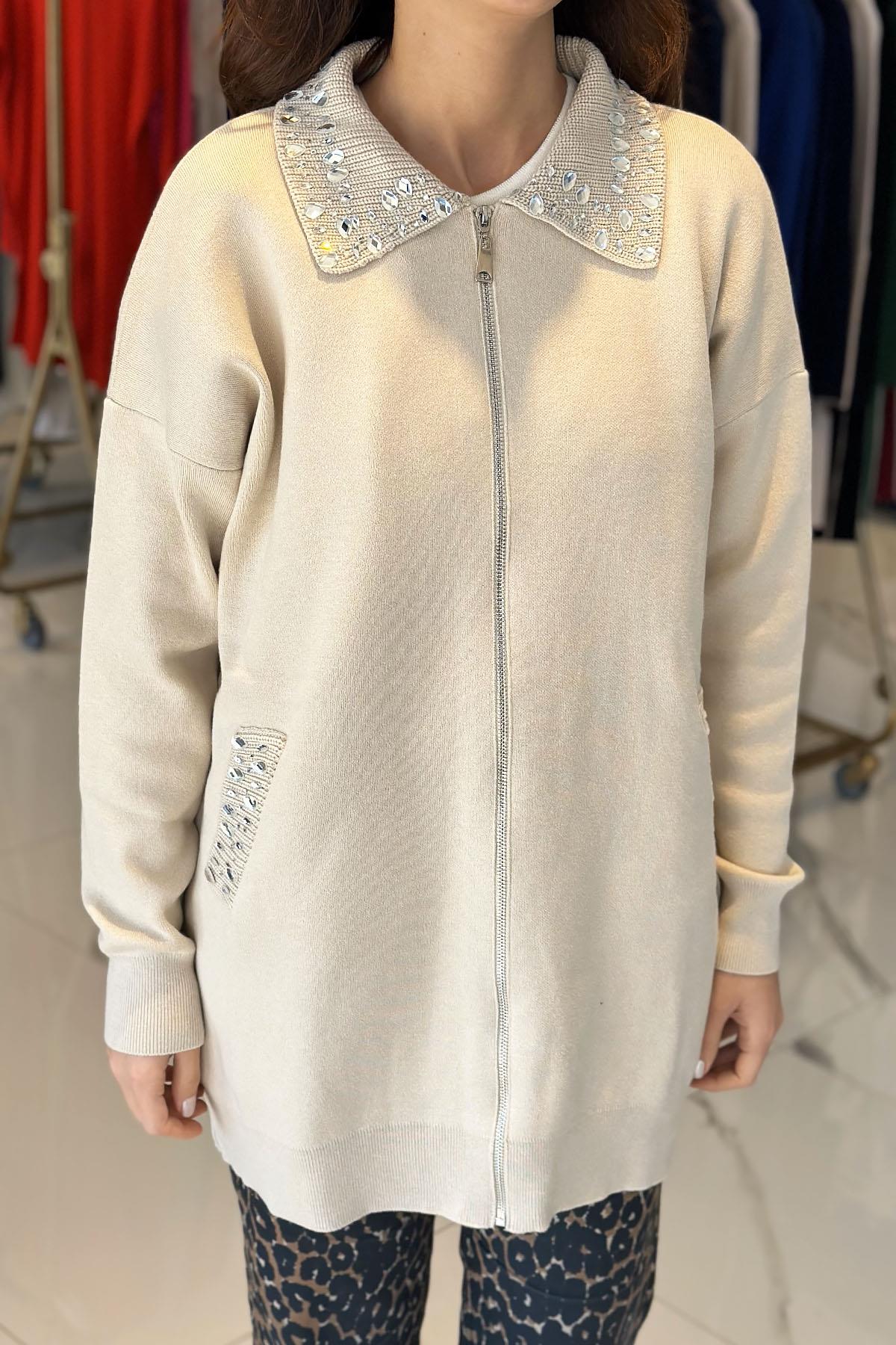 Missemramiss Taş İşlemeli Triko Hırka Ceket 4588 Bej