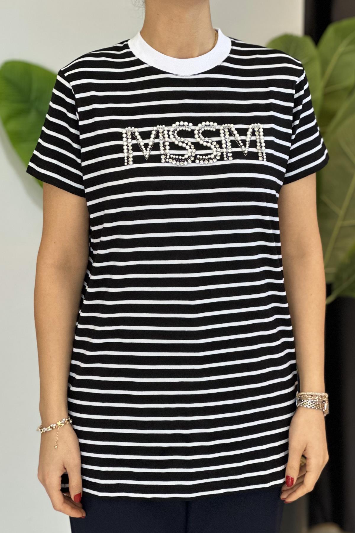Missemramiss Taşlı Çizgili Tshirt Tunik 4734 Siyah