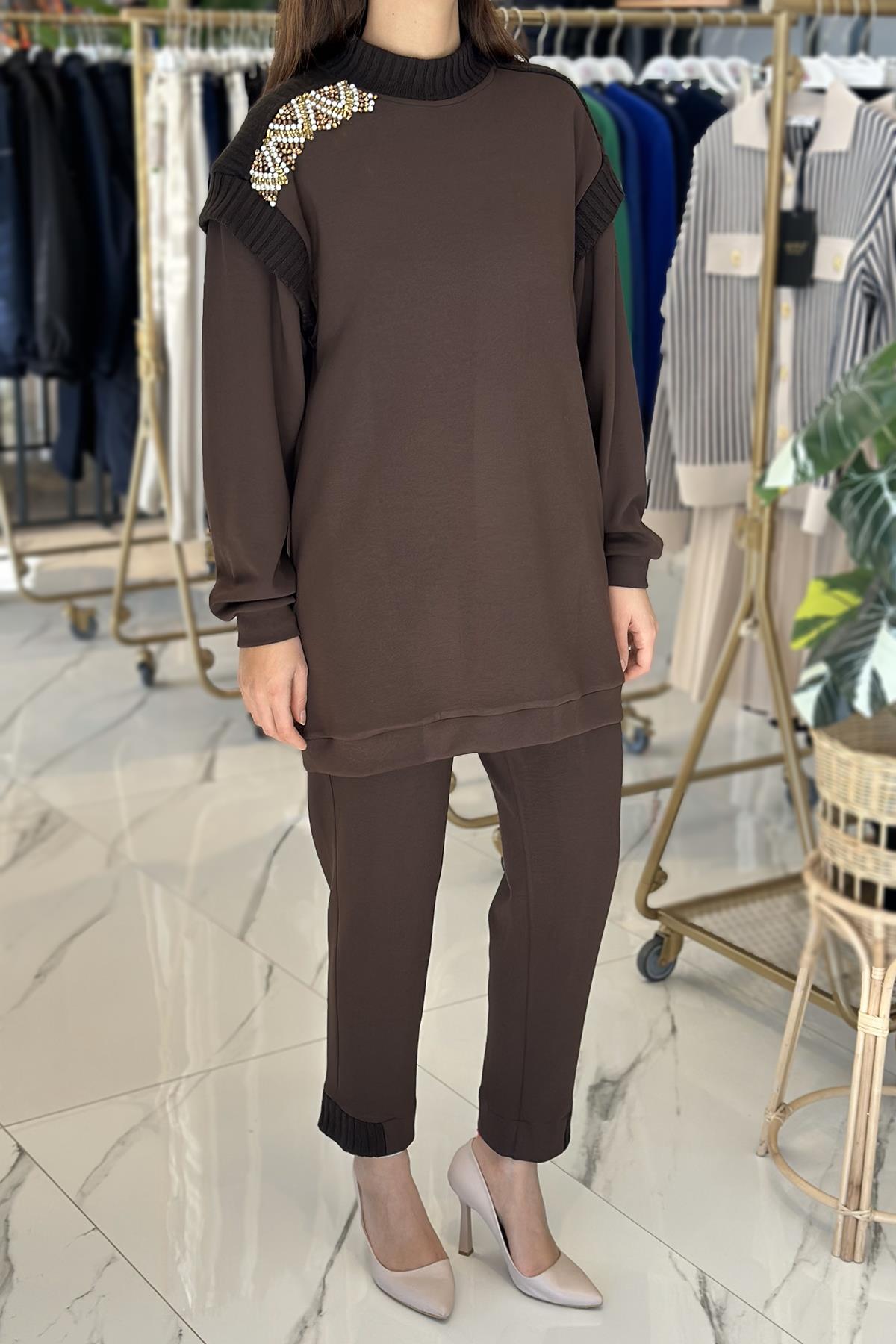 Missemramiss Triko Garni Modal Pantolonlu Takım 4671 Kahverengi 