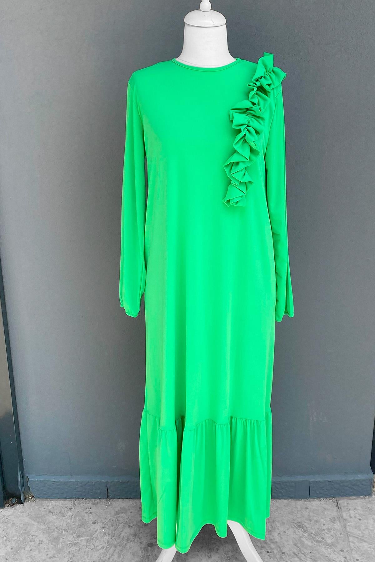 Missemramiss Venezia Yaka Fırfır Sandy Elbise 3784 Fıstık Yeşili