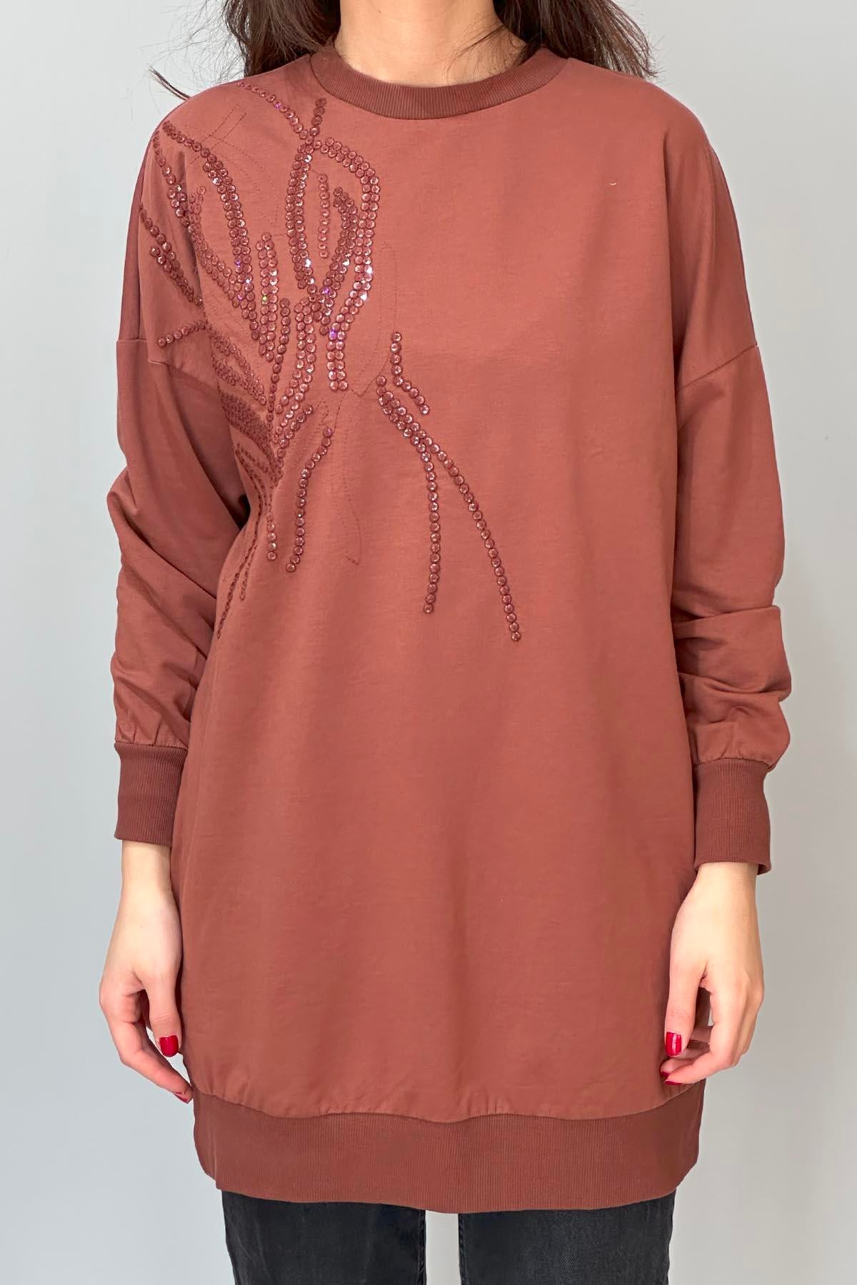 Nakış Detay Sweat Tunik 10585 Kahverengi