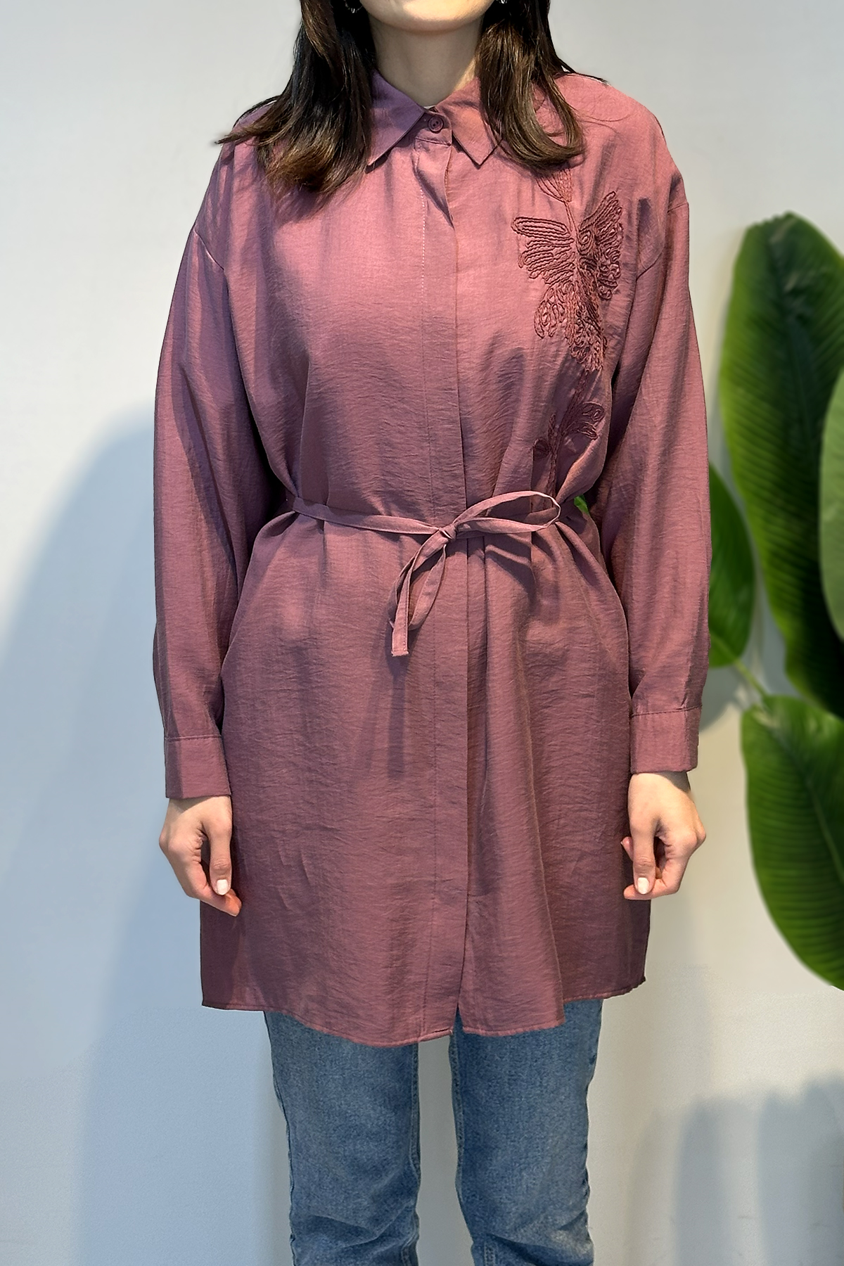 Nakış İşlemeli Oversize Gömlek Tunik 4471 Mürdüm