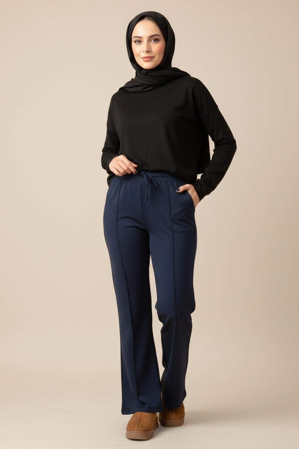 Nervür Dikiş Beli Lastikli Bağcıklı Pantolon 1887 Lacivert
