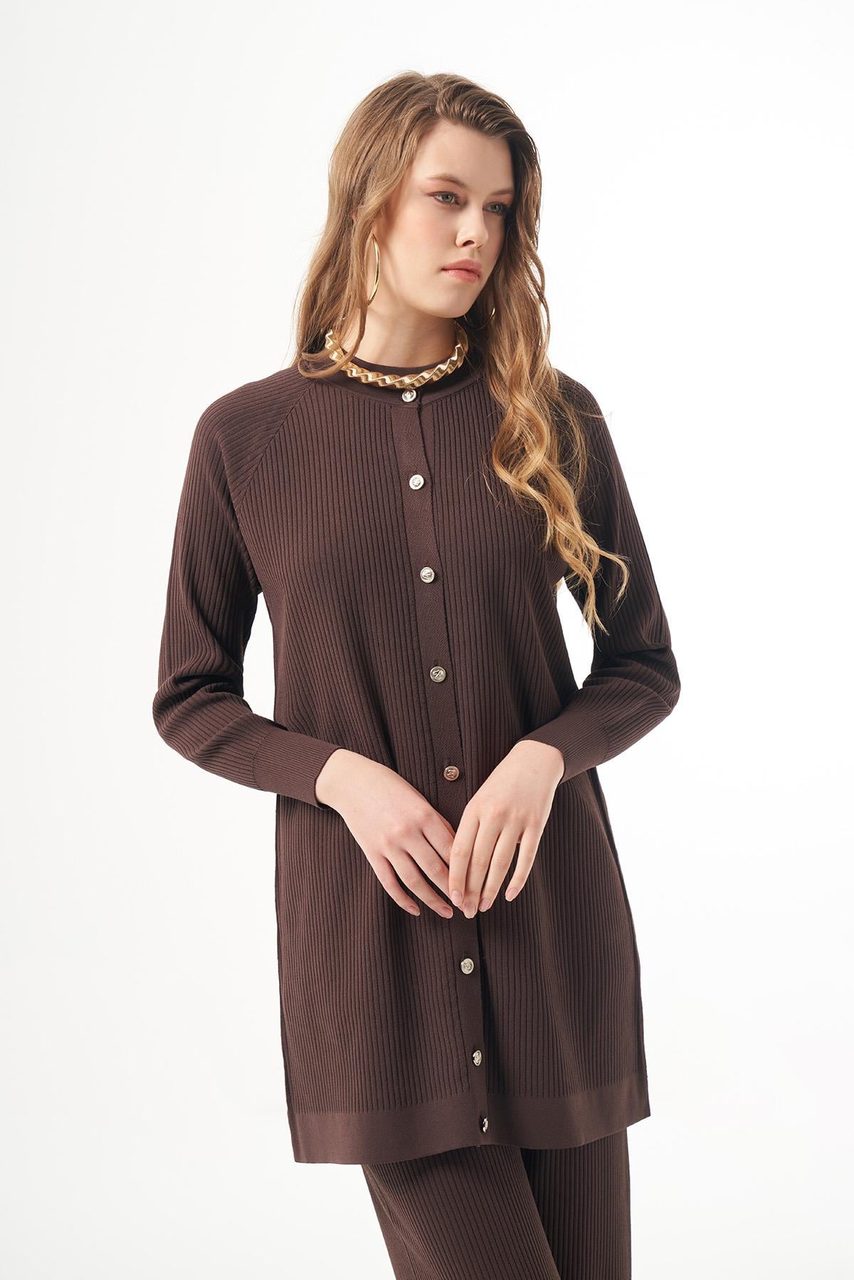 Nuss Merserize Çizgi Detay Düğmeli Hırka 1100 Kahverengi