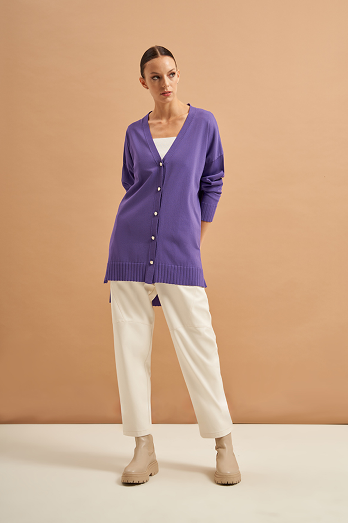 Nuss Merserize Etek Detaylı Triko Hırka Orta Boy H-706 Mor