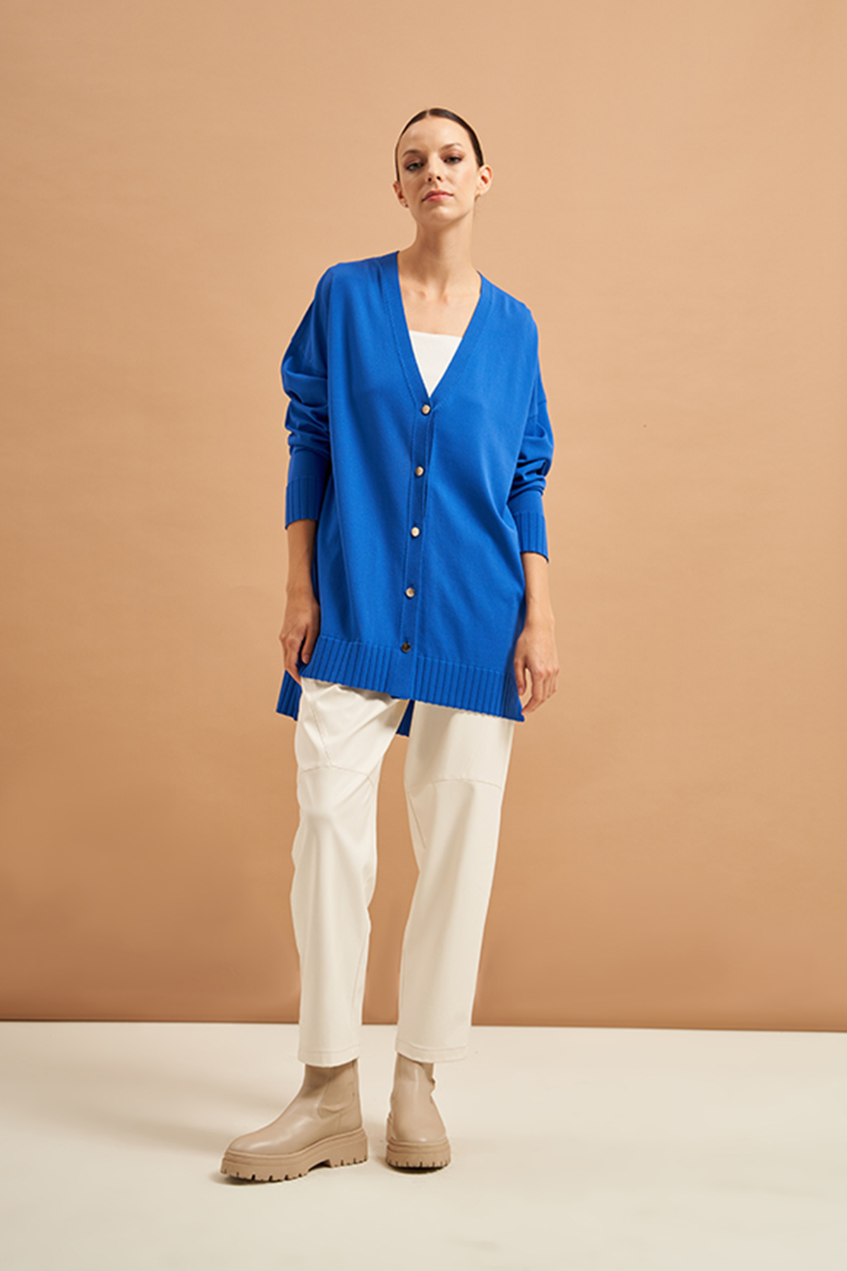 Nuss Merserize Etek Detaylı Triko Hırka Orta Boy H-706 Saks