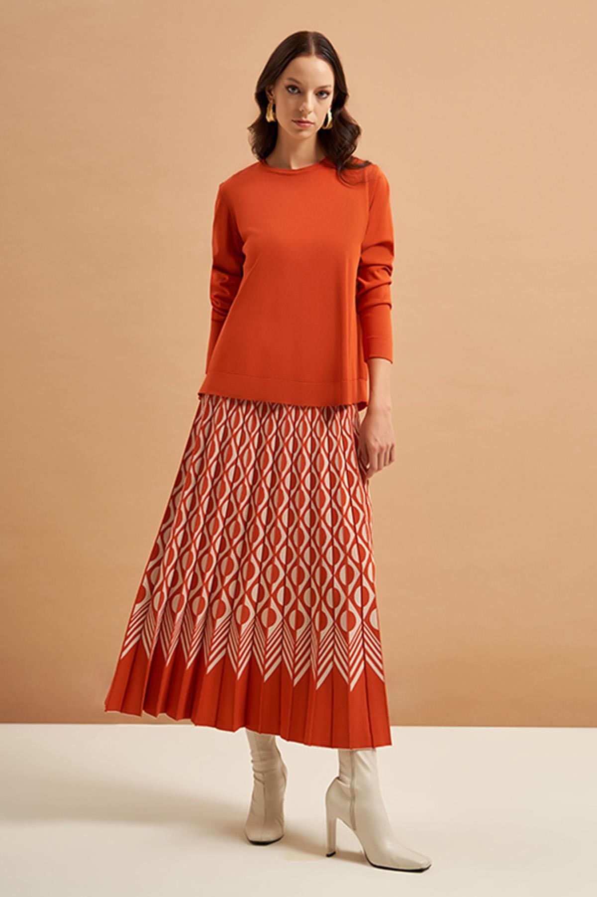 Nuss Merserize Geometrik Triko Etekli Takım 608 Kiremit