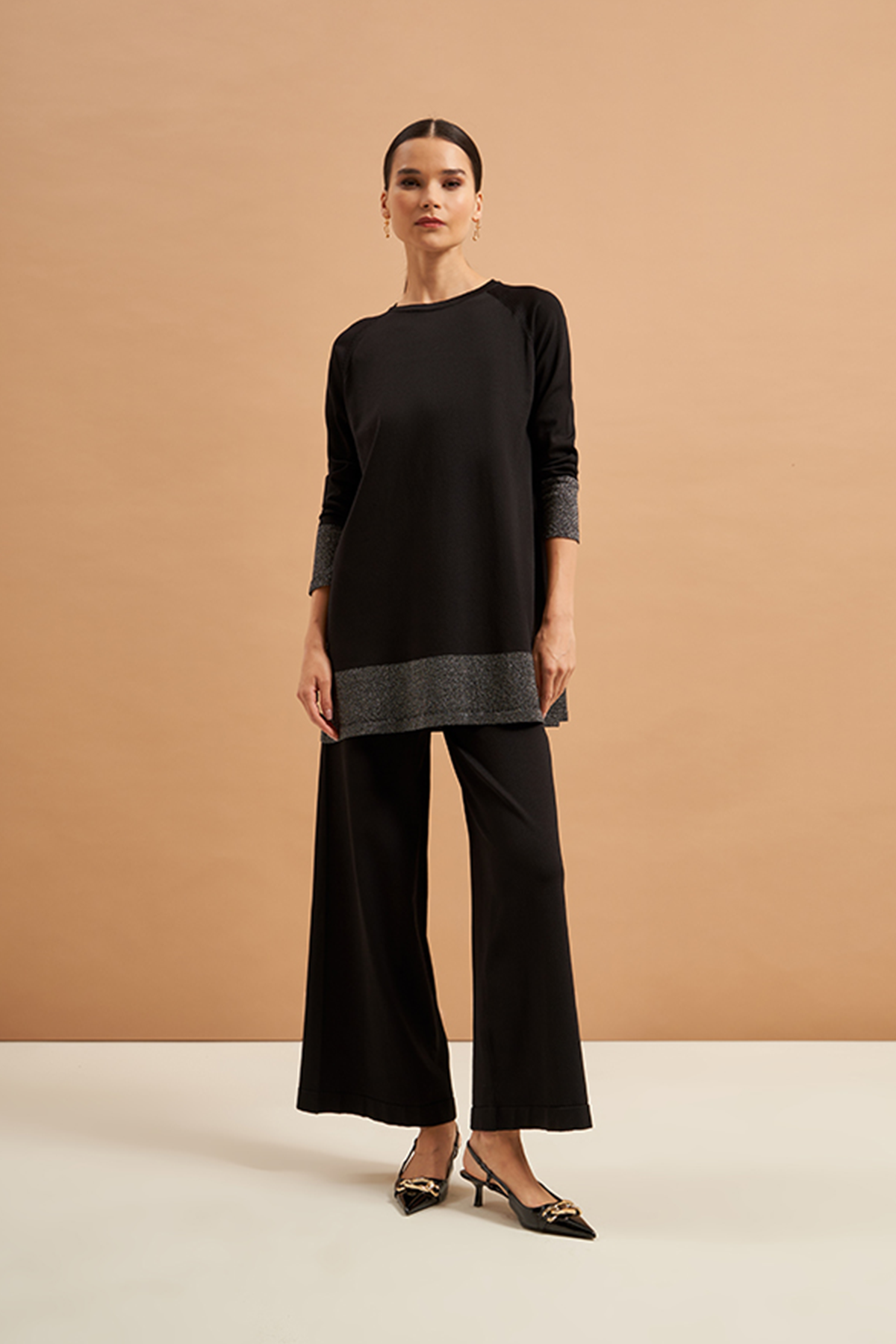 Nuss Merserize Sim Detaylı Pantolonlu Triko Takım NS-23K-604TKM Siyah