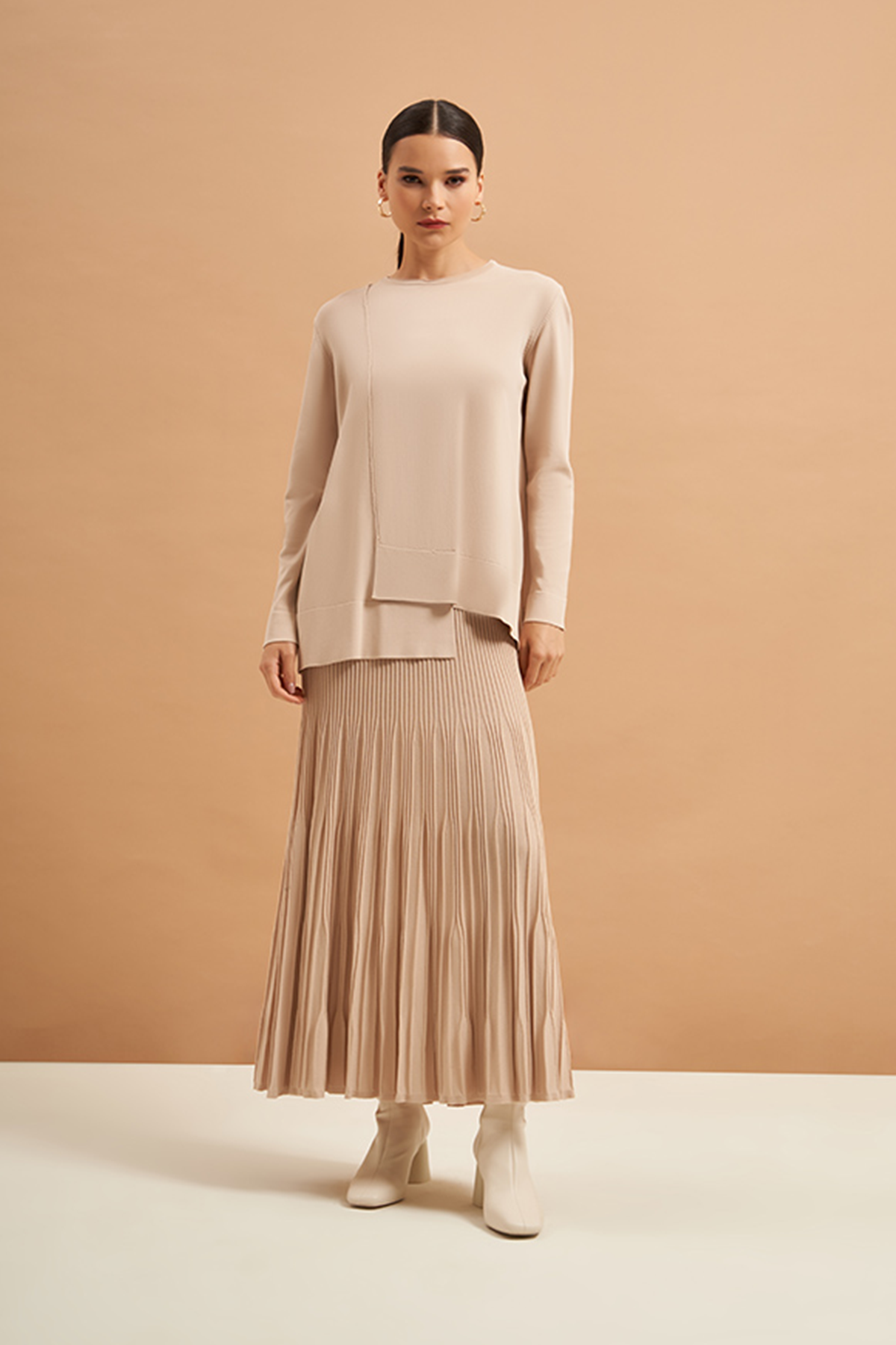 Nuss Merserize Tunik Detaylı Triko Etekli Takım NS-22Y-703TKM Bej