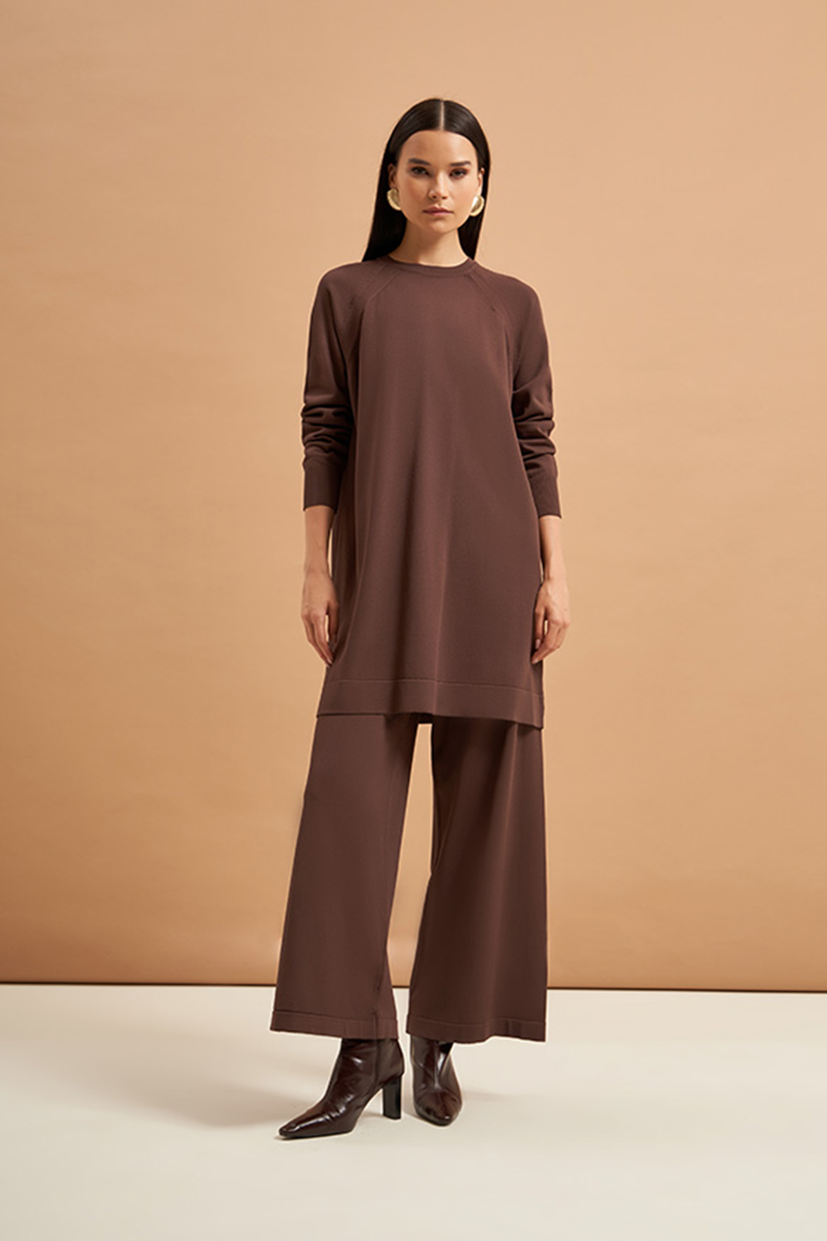 Nuss Merserize Tunik Detaylı Triko  Pantolonlu Takım NS-23K-601TKM Kahve