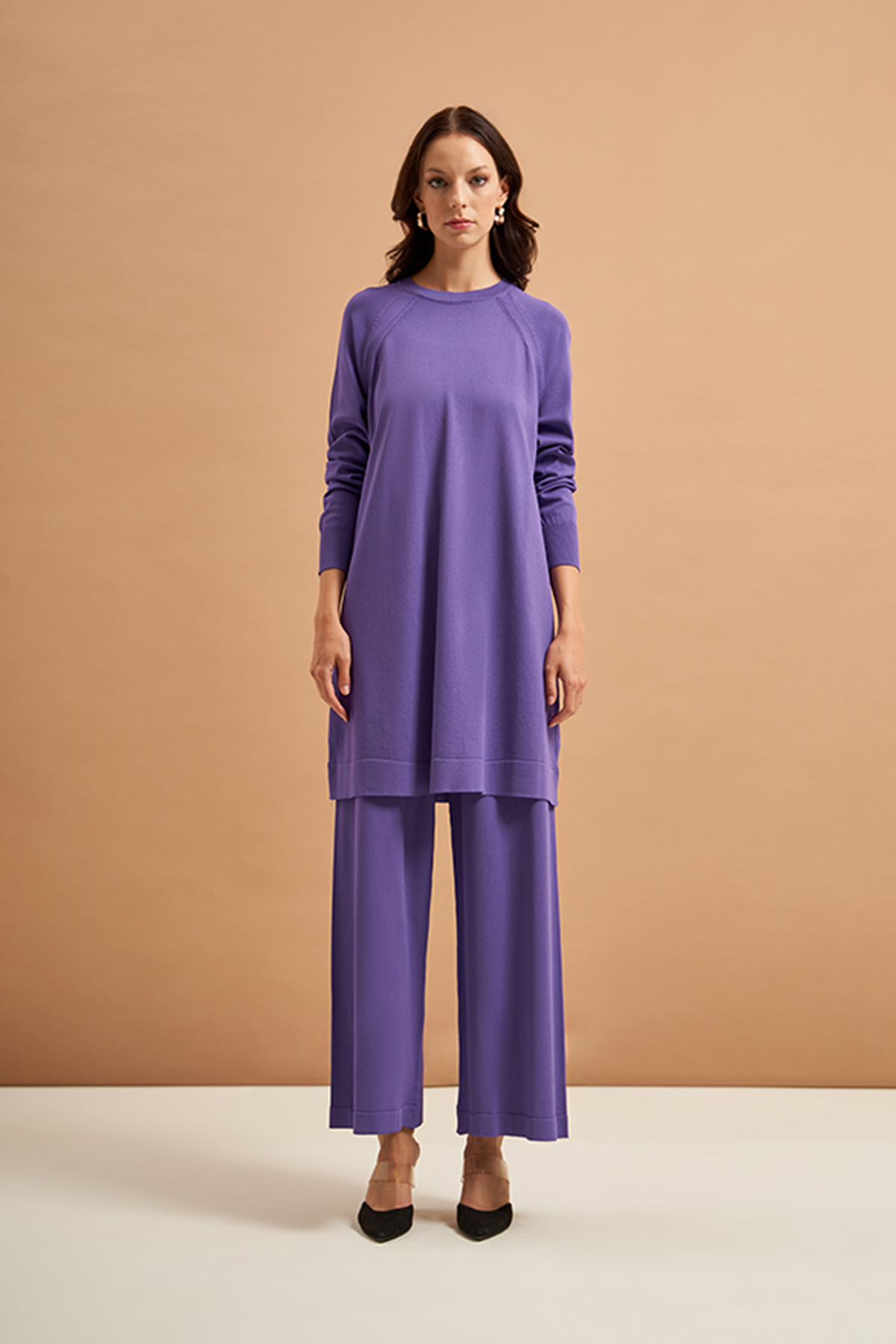 Nuss Merserize Tunik Detaylı Triko  Pantolonlu Takım NS-23K-601TKM Mor