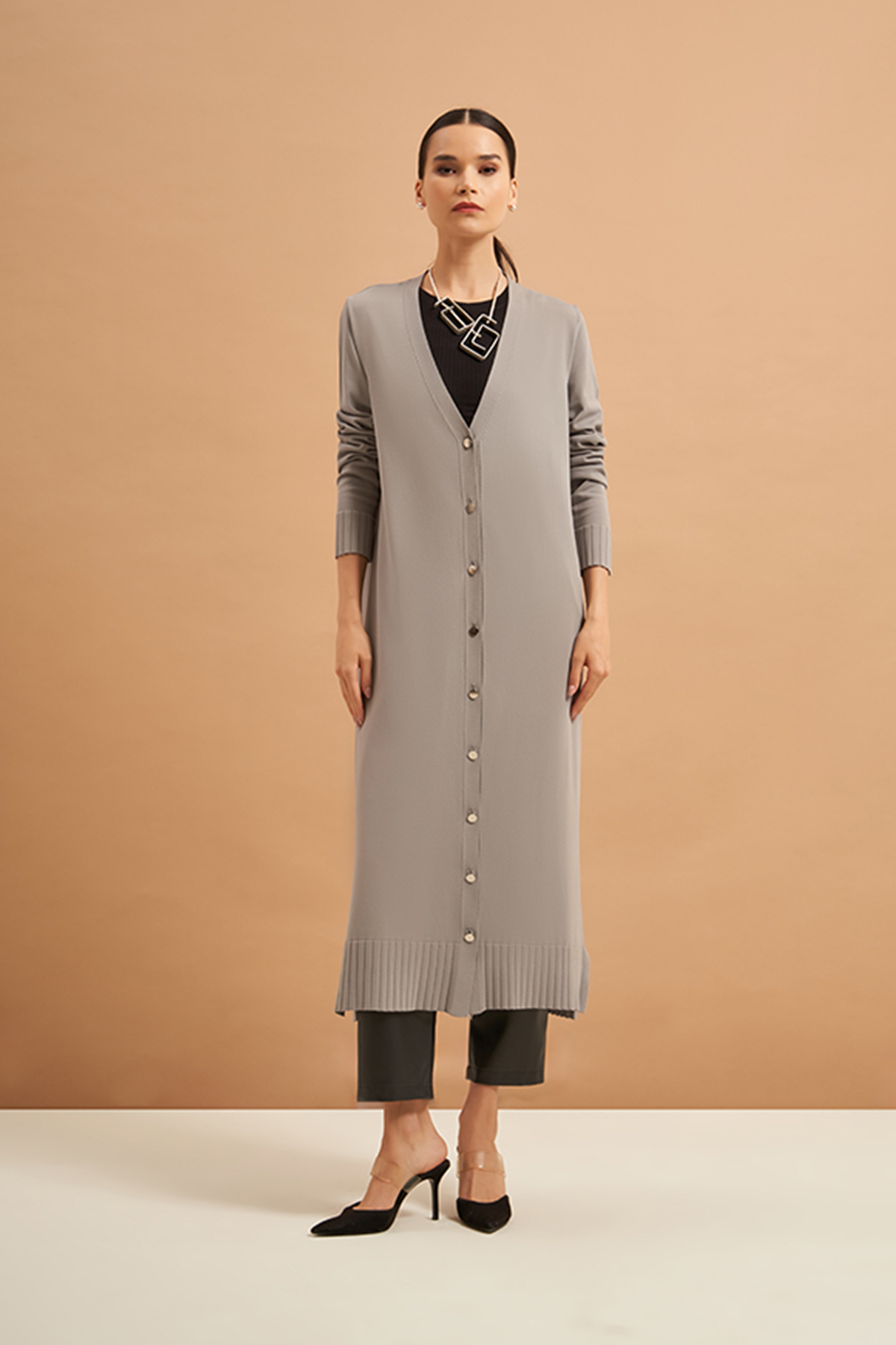 Nuss Merserize Uzun Triko Hırka 707 Gri