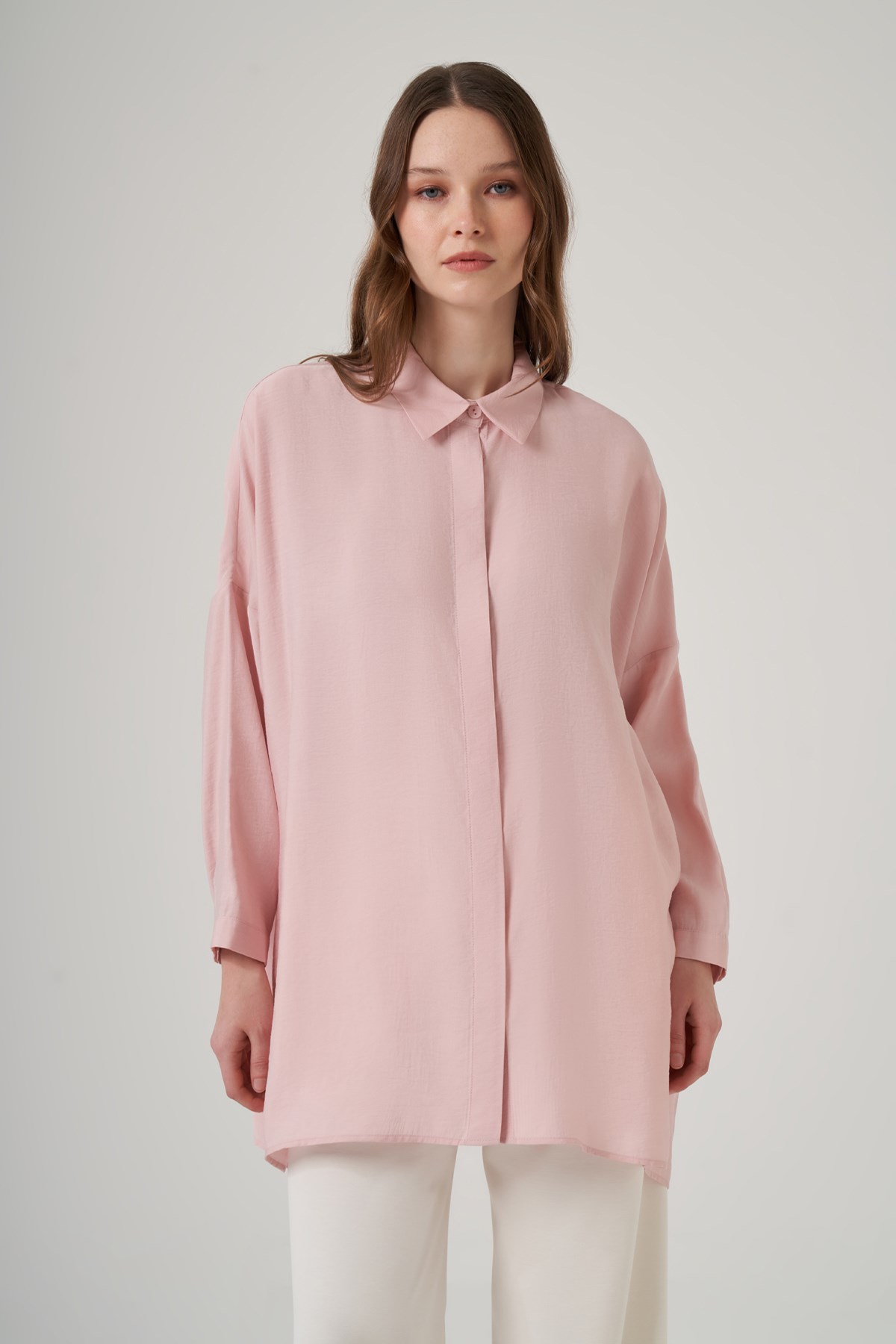 Nuss Oversize Basic Yazlık Gömlek 3001 Pudra