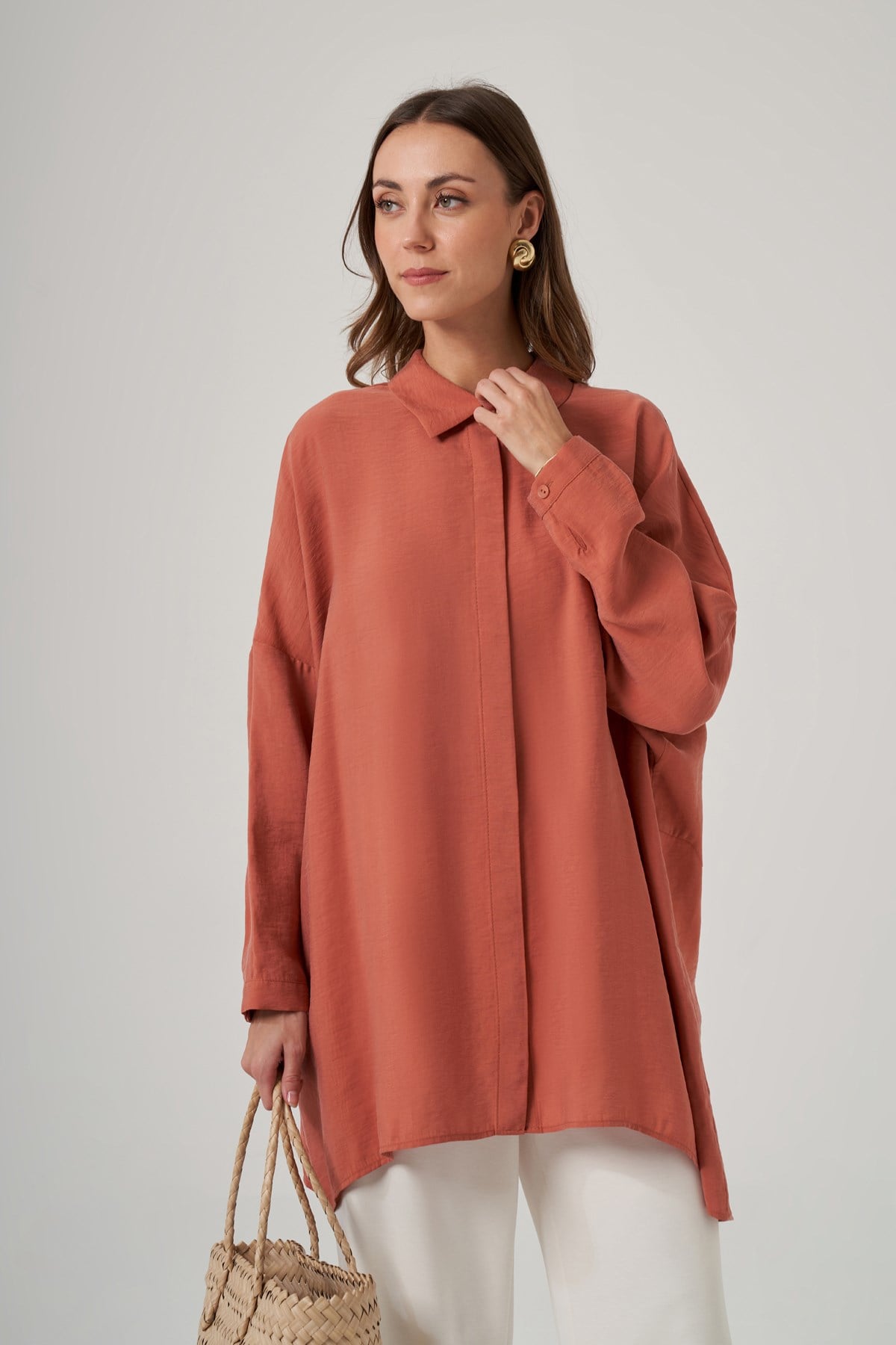 Nuss Oversize Basic Yazlık Gömlek 3001 Anfora Kiremit