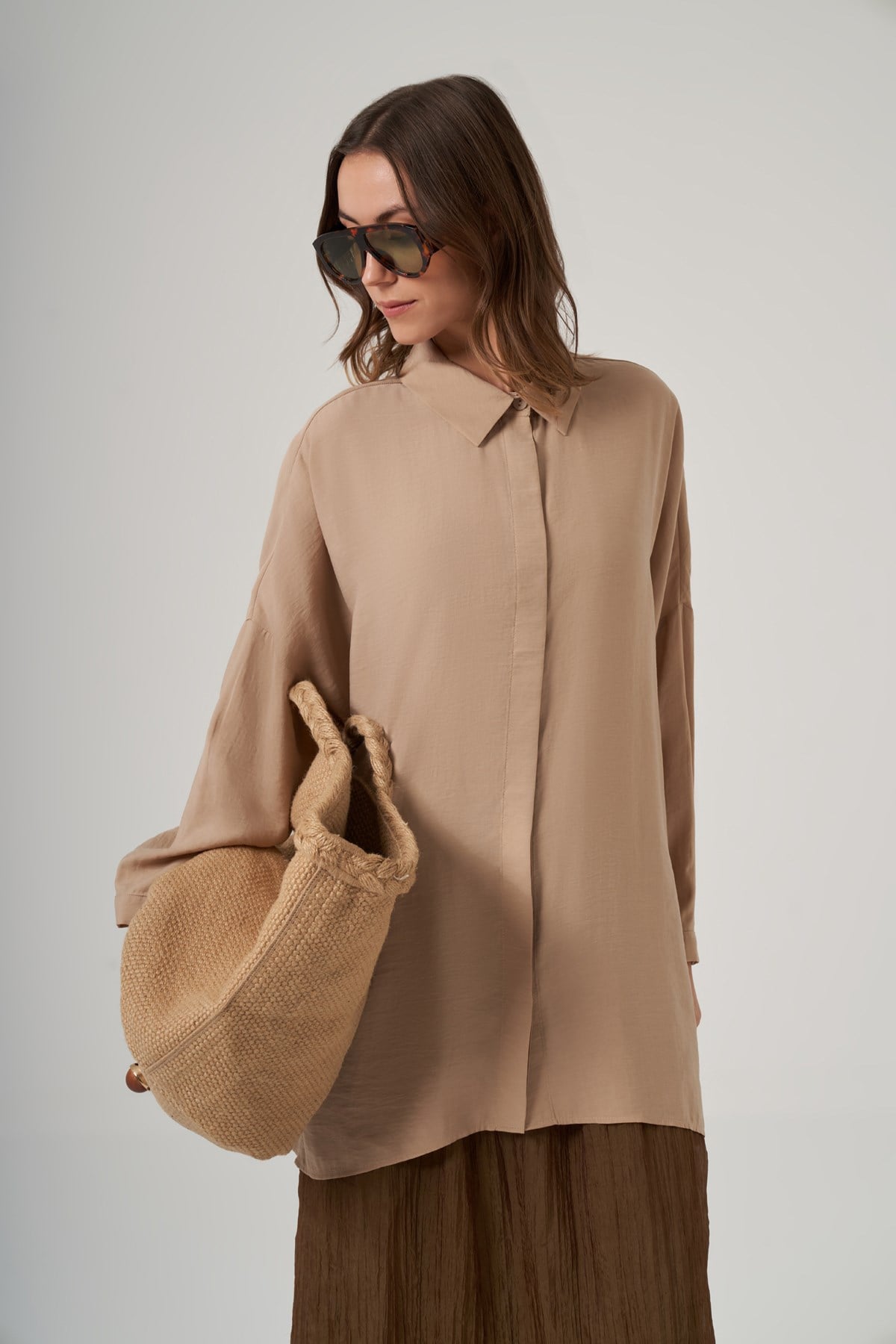 Nuss Oversize Basic Yazlık Gömlek 3001 Latte