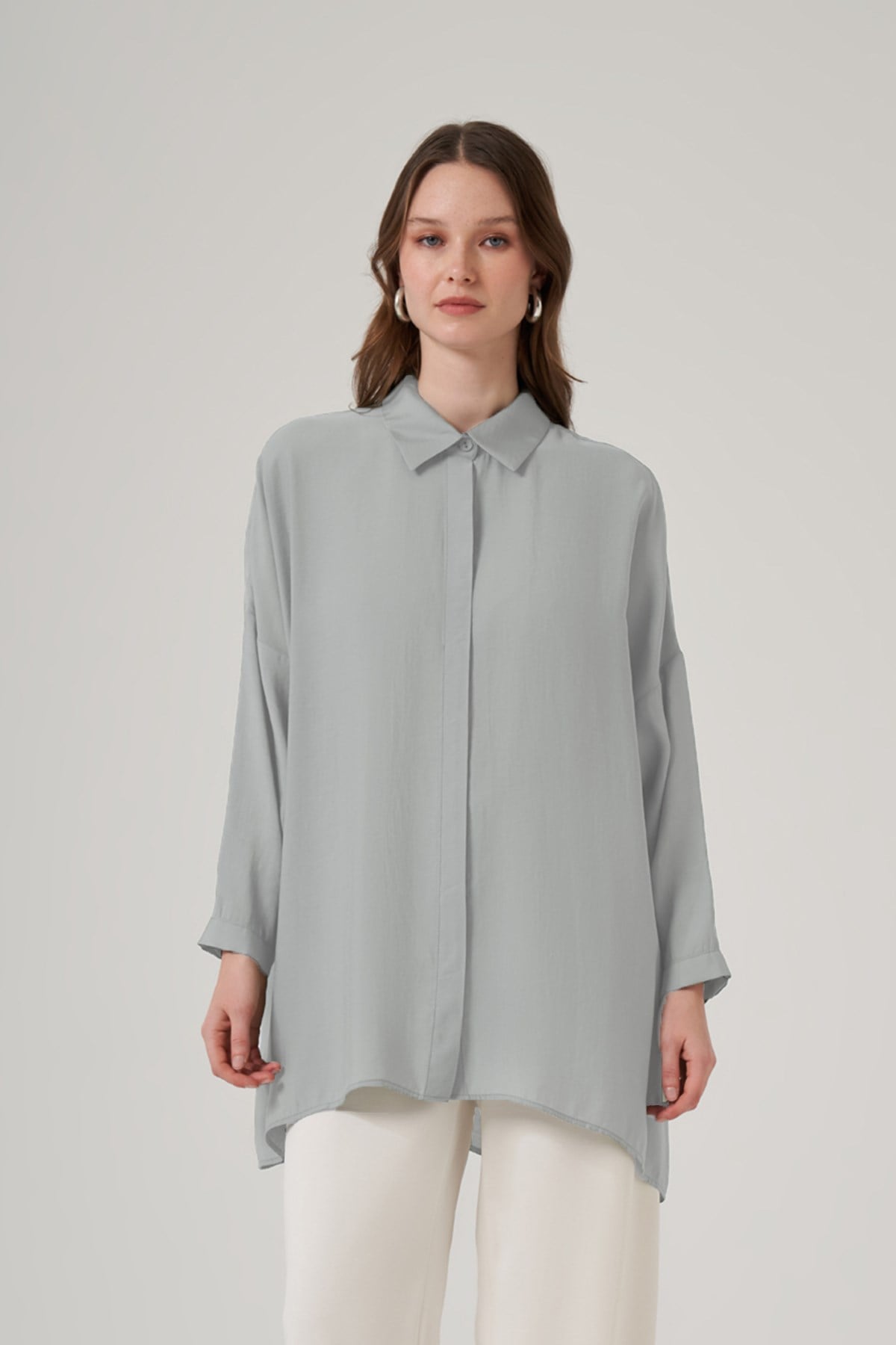 Nuss Oversize Basic Yazlık Gömlek 3001 Gri