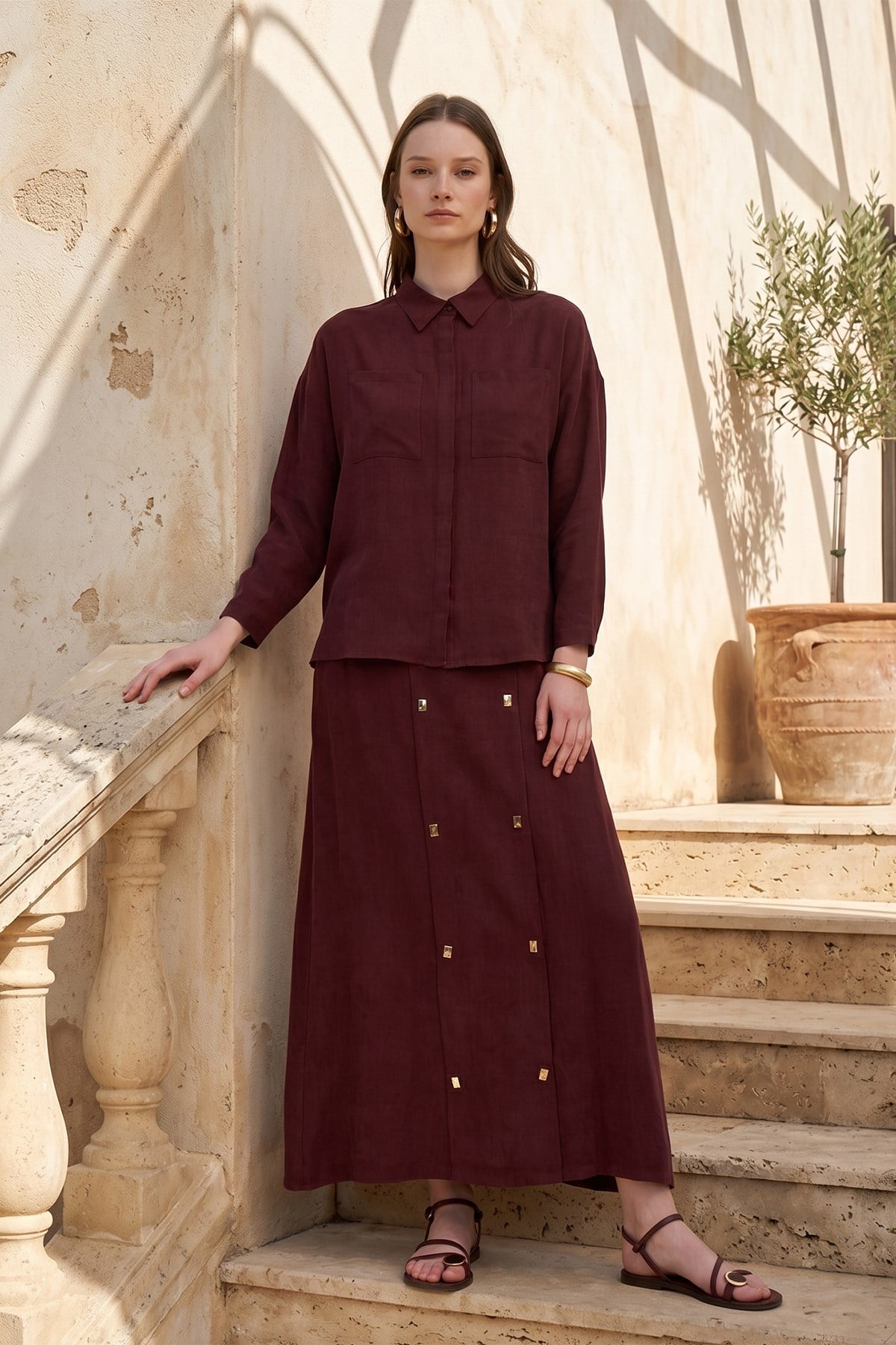Nuss Tunikli Etek Gold Taş Detaylı Takım 1087 Mürdüm