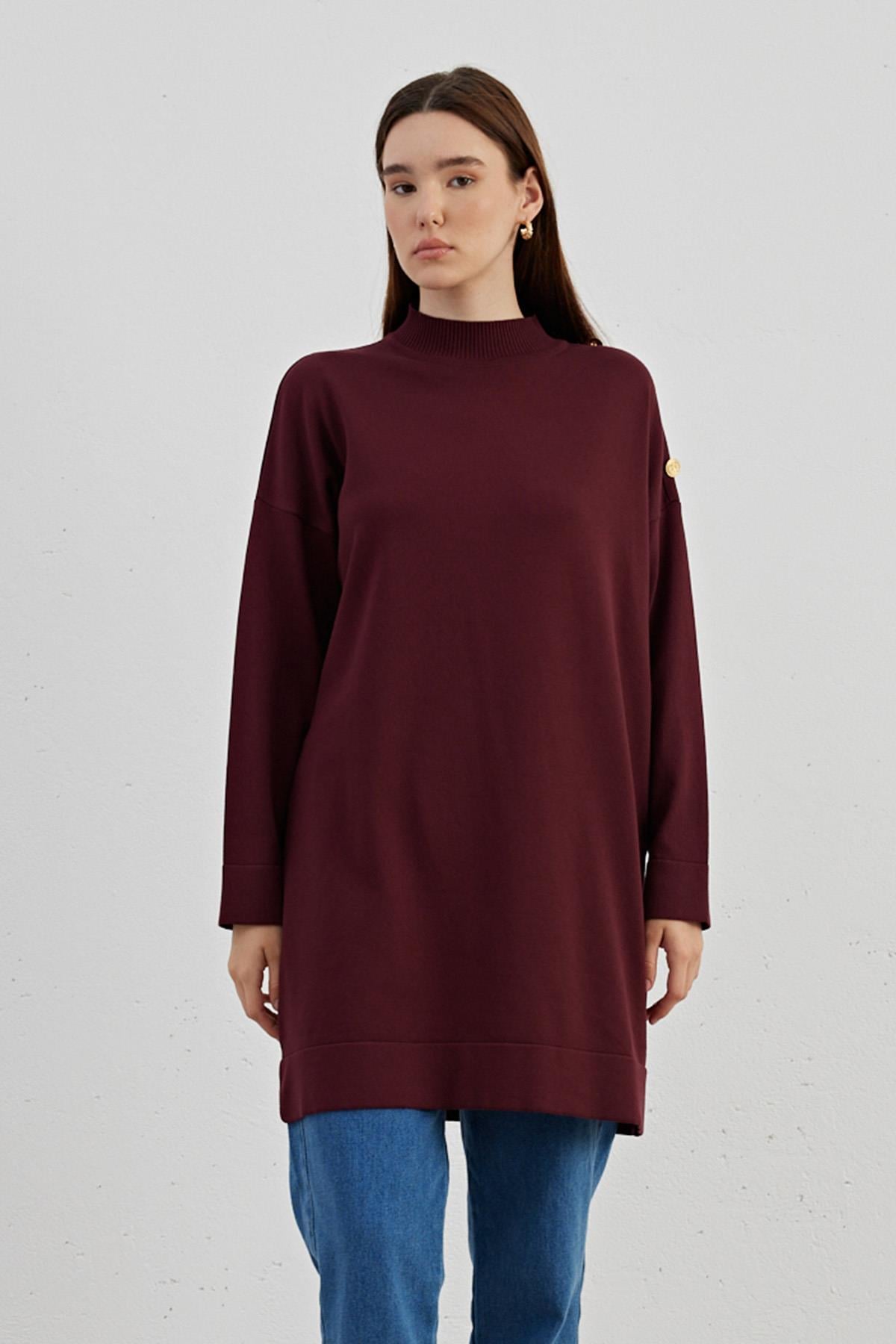 Omzu Düğmeli Triko Tunik 704 Bordo