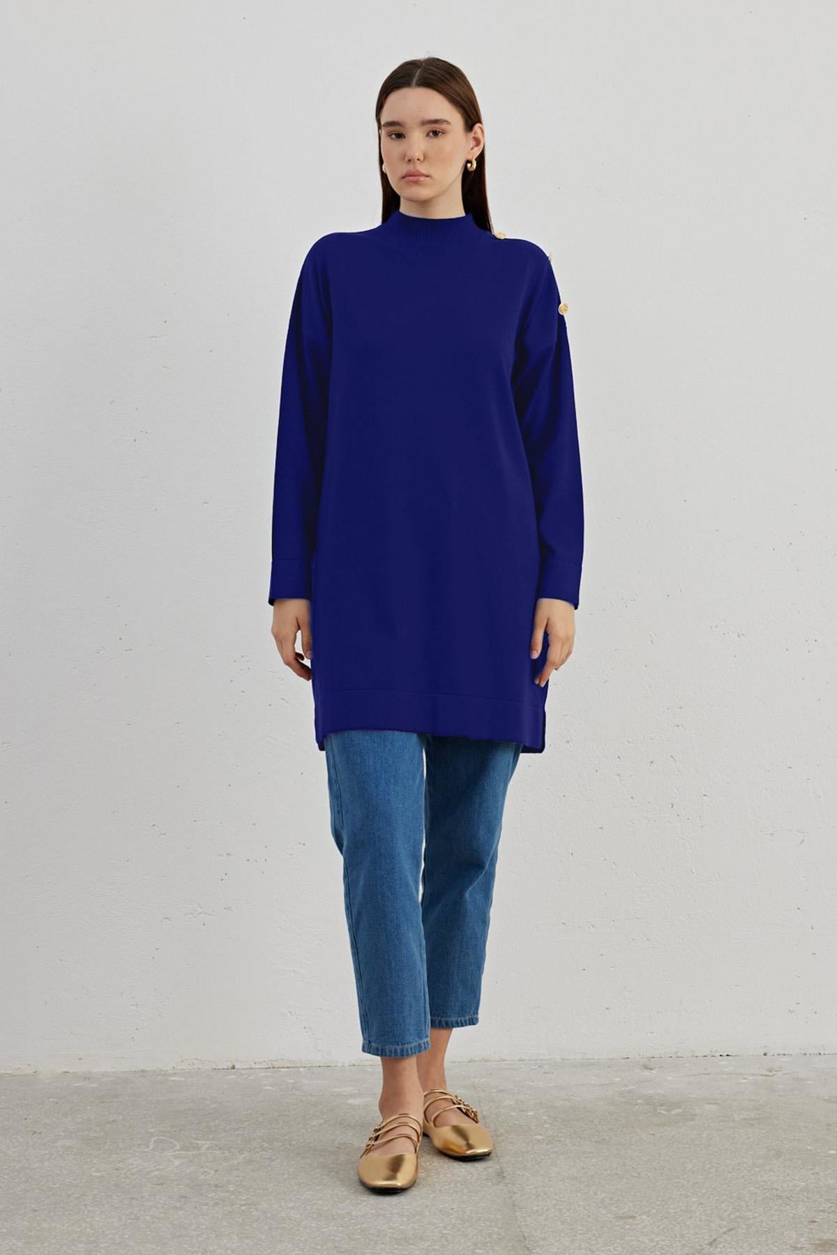 Omzu Düğmeli Triko Tunik 704 Saks Mavi