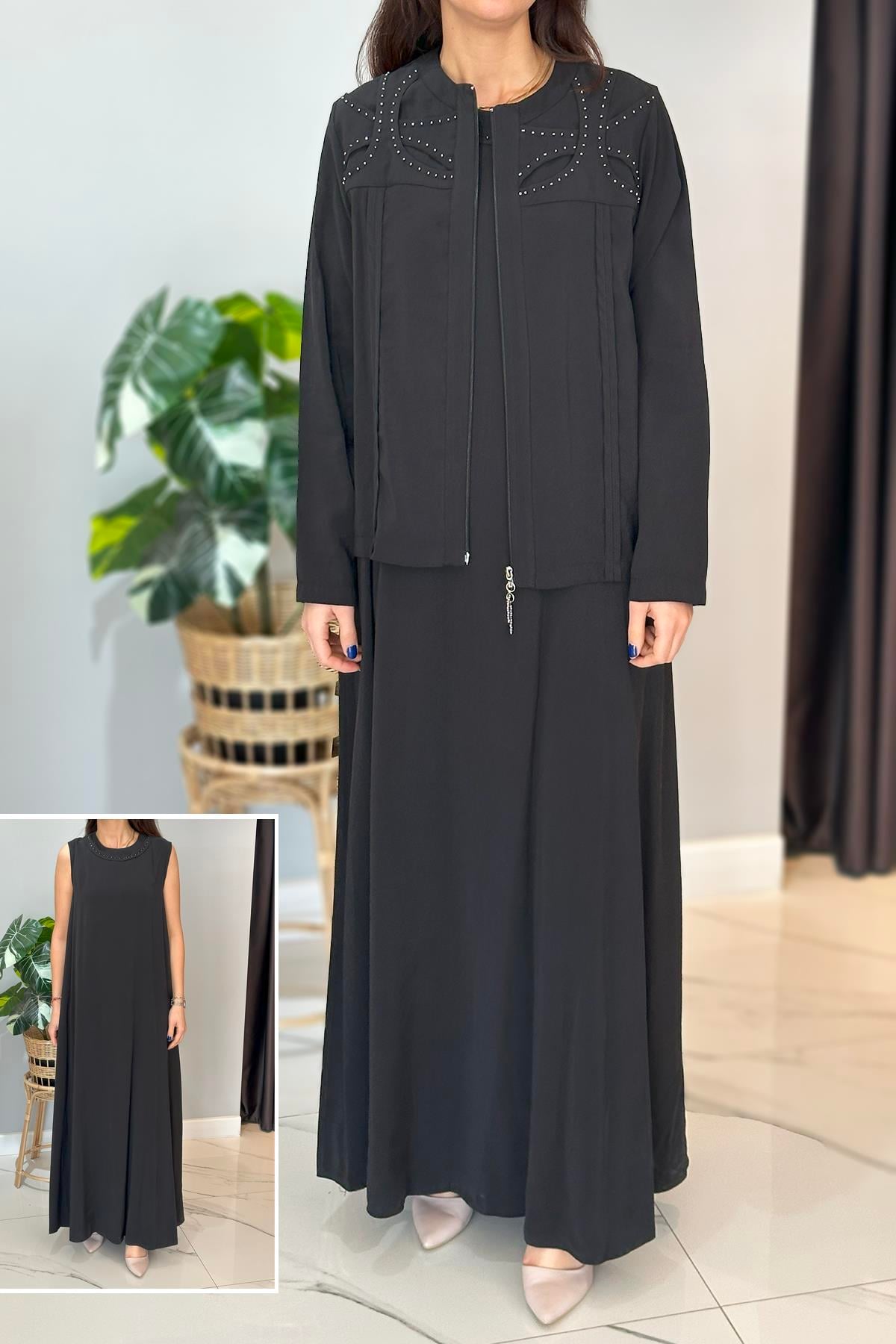 Önden Fermuarlı Yonca Detaylı Bomber Elbiseli Rano Takım 5963 Siyah