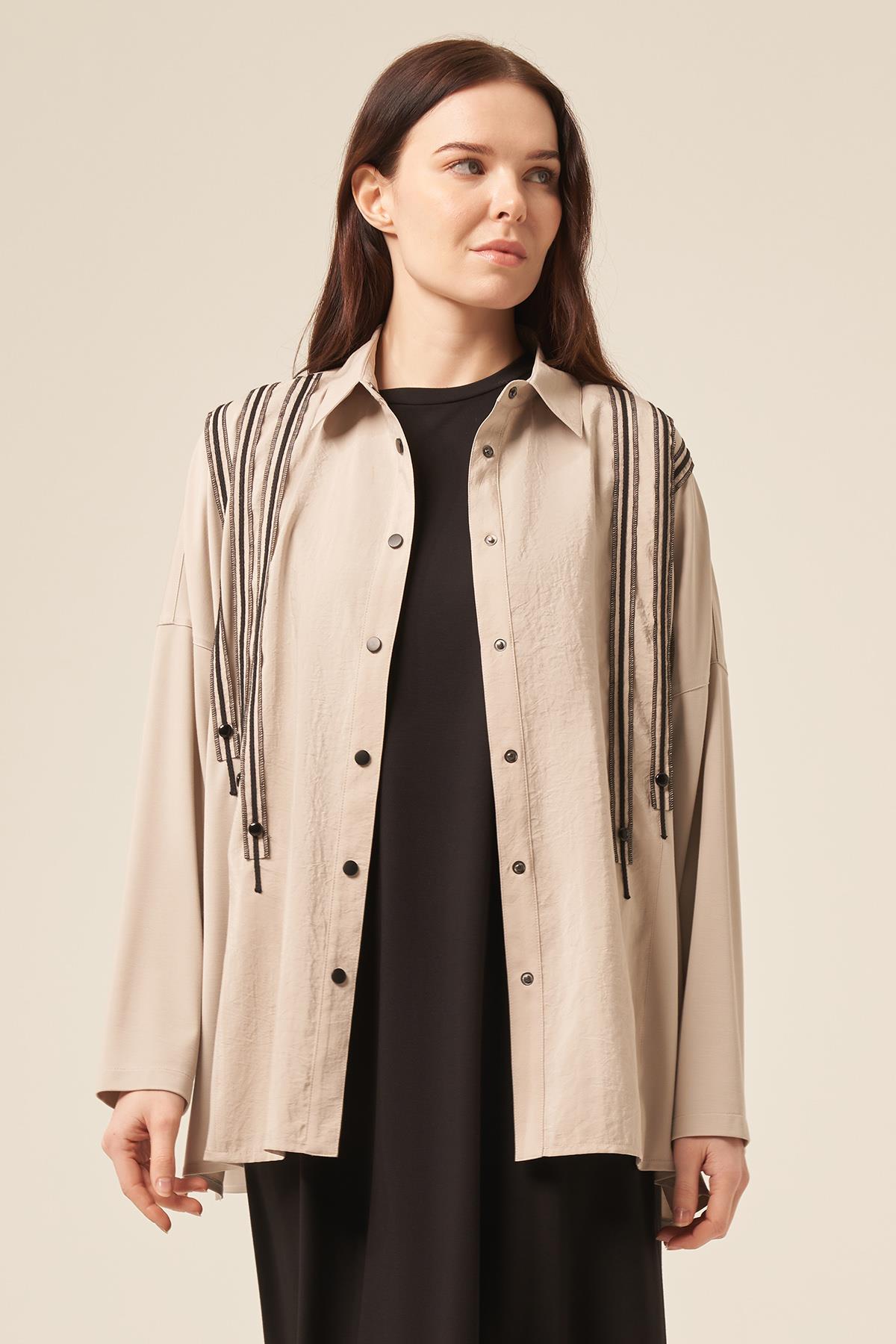 Önü Dikiş Detaylı Bambu Tunik Çıtçıtlı Gömlek 5171 Taş