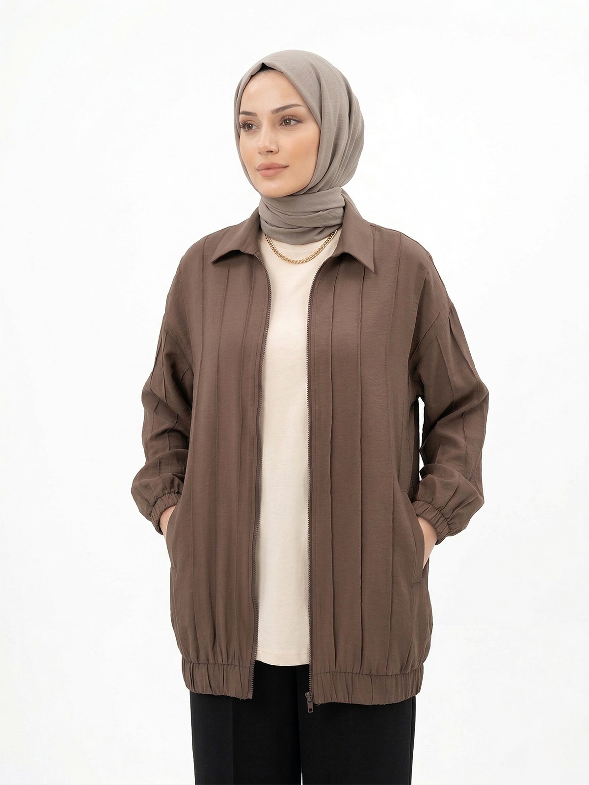 Önü Fermuarlı Kap Ceket 31530 Kahverengi