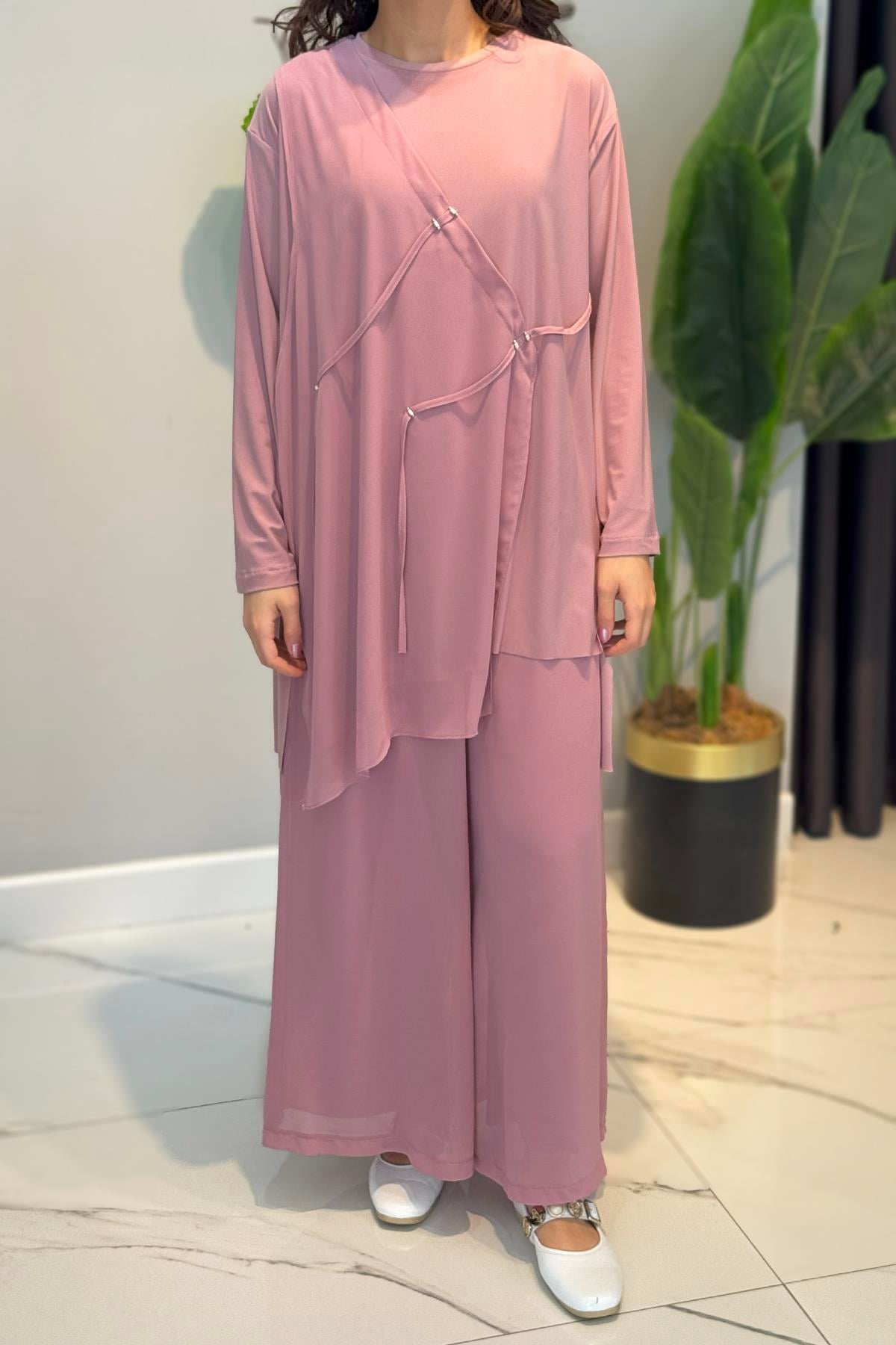 Önü Yarım Şifon Pantolonu Şifon Yırtmaç Detaylı Sandy Takım 59104 Pembe