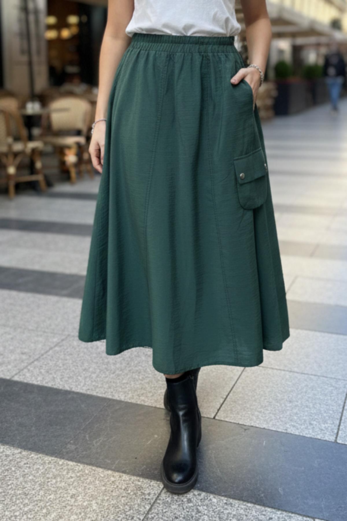 Parçalı Yanı Tek Zımbal Detay Cepli Dubai Etek 5645 Turmalin Yeşili