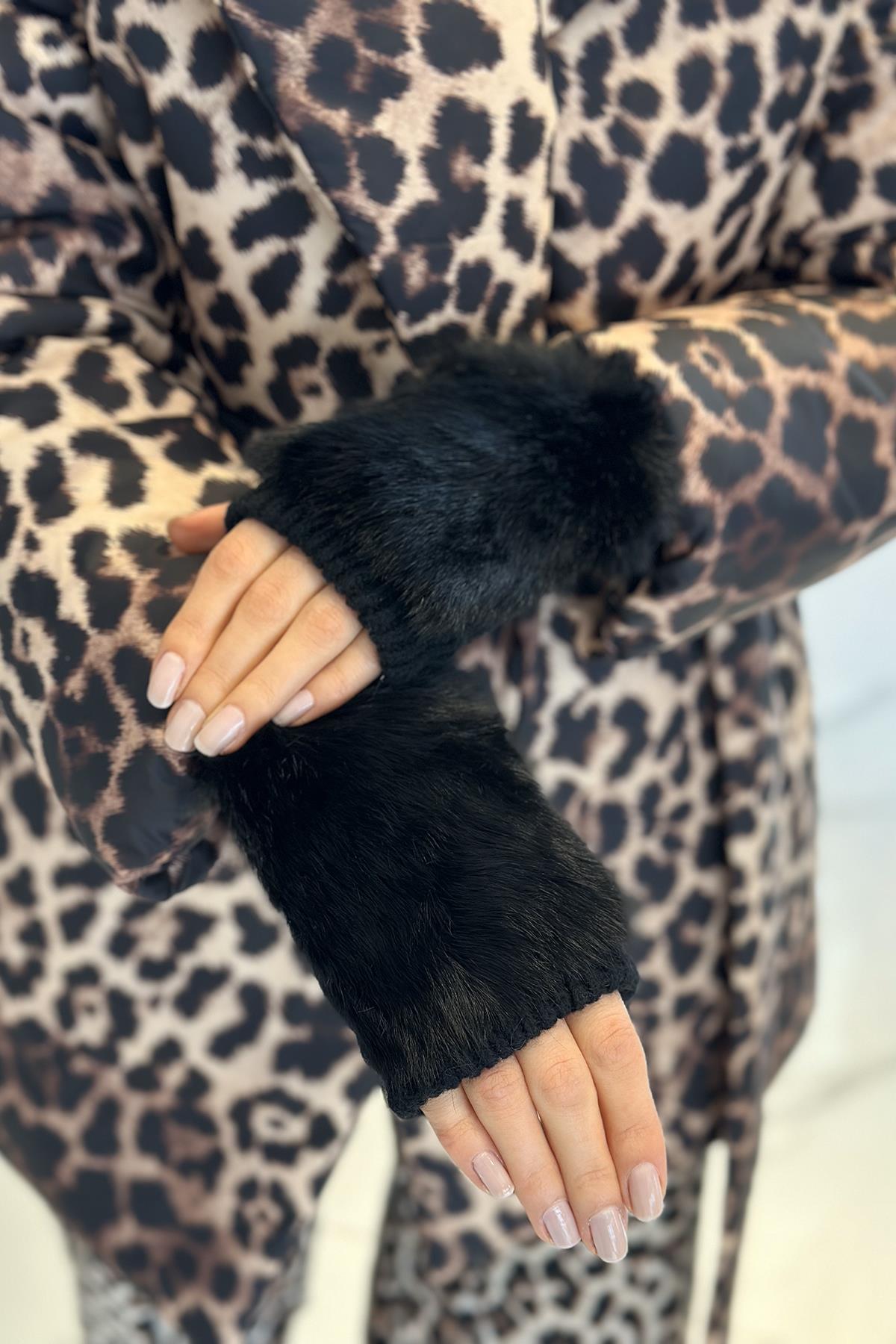 Peluş Detay Kadın Örme Kesik Eldiven ELD-30 Siyah